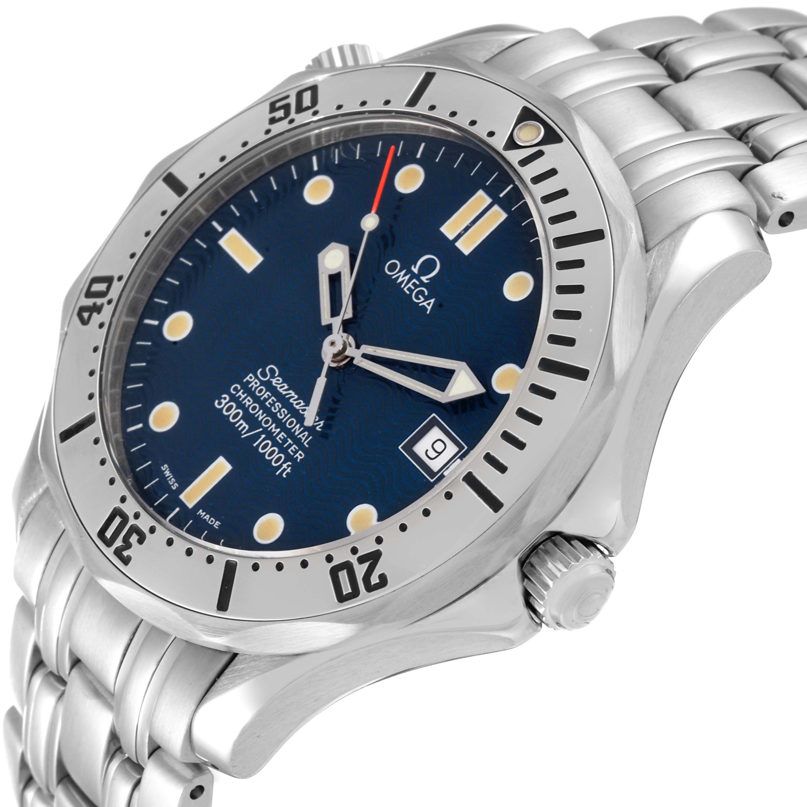The image shows an angled view of an Omega Seamaster 2532.80.00 Men's Stainless Steel Blue Dial 2532.80.00 Men's Stainless Steel Blue Dial watch, displaying the face, bezel, crown, and part of the bracelet.