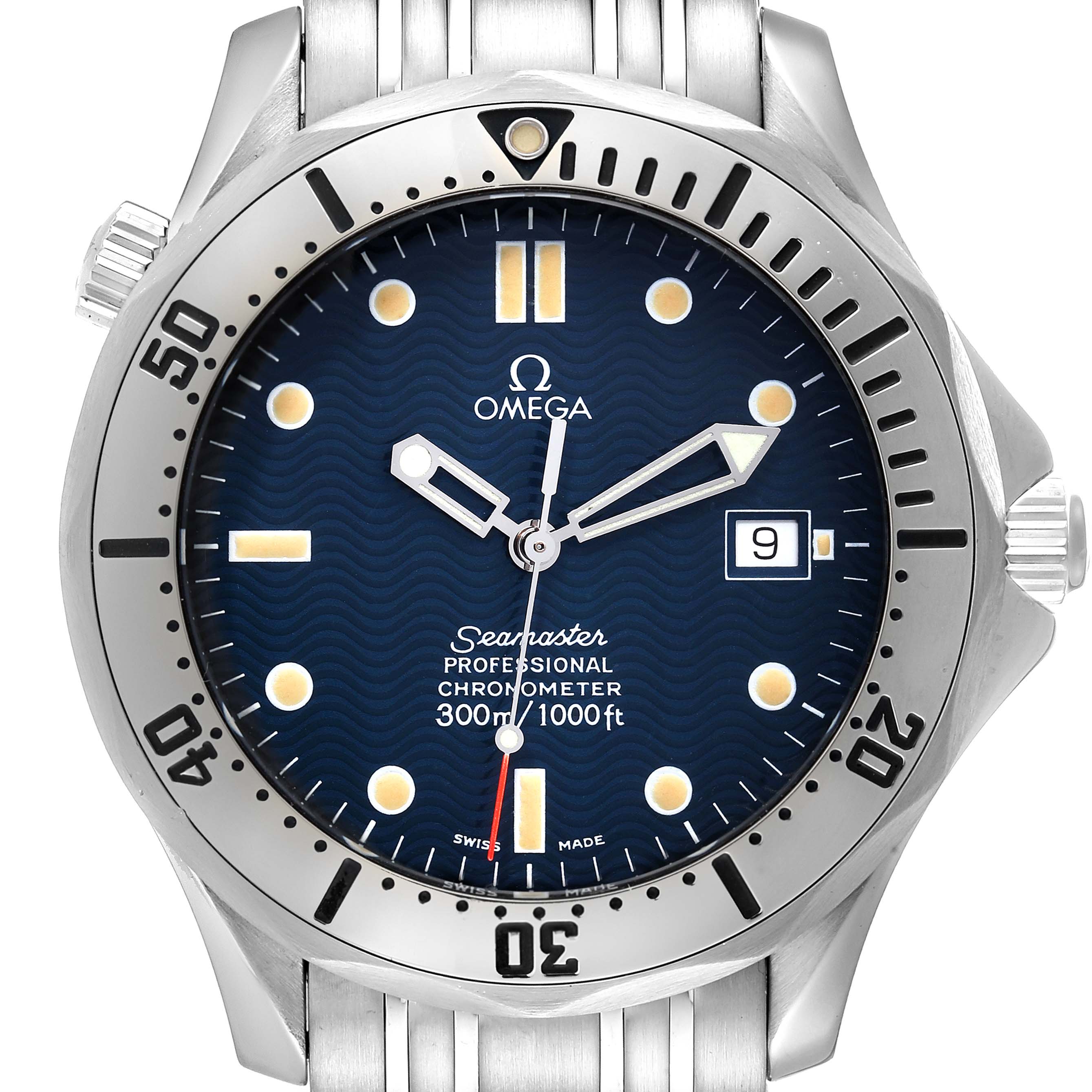 The Omega Seamaster 2532.80.00 Men's Stainless Steel Blue Dial 2532.80.00 Men's Stainless Steel Blue Dial watch is shown from a front angle, displaying its dial, bezel, hands, and date window.
