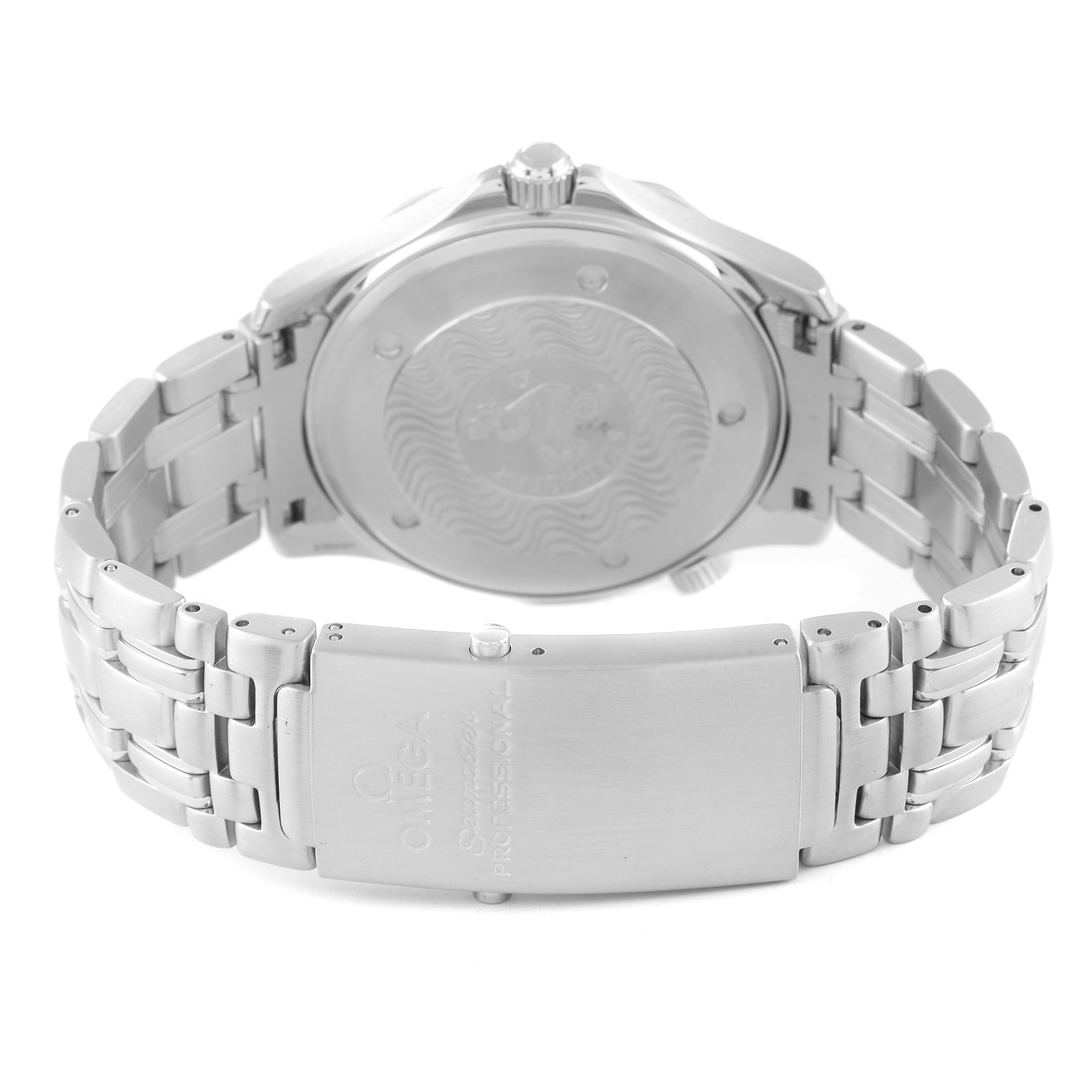 The image shows the back side of the Omega Seamaster 2532.80.00 Men's Stainless Steel Blue Dial 2532.80.00 Men's Stainless Steel Blue Dial watch, highlighting the case back and metal bracelet with the clasp visible.