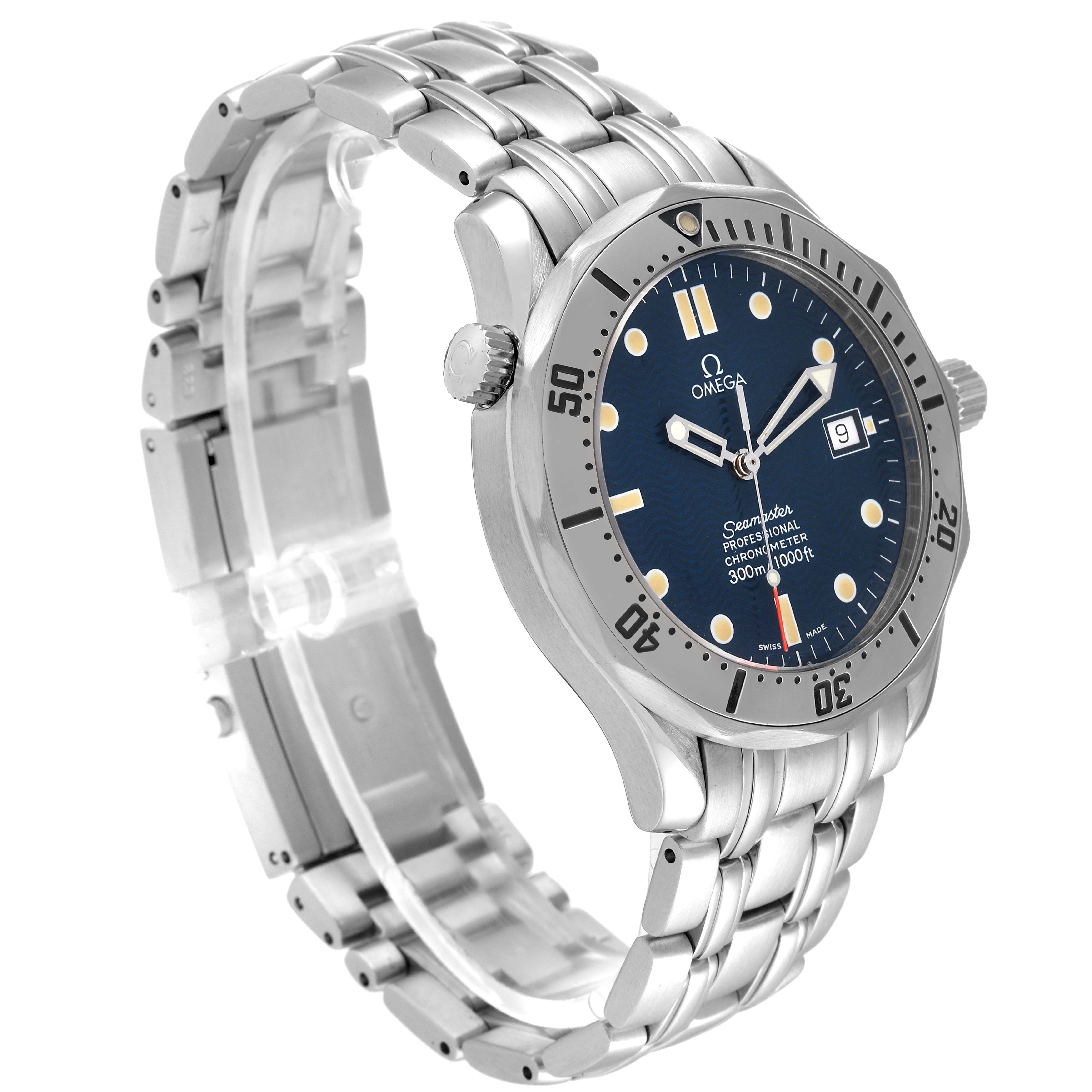 The Omega Seamaster 2532.80.00 Men's Stainless Steel Blue Dial 2532.80.00 Men's Stainless Steel Blue Dial watch is shown from a three-quarter angle, displaying the face, bezel, crown, and metal bracelet.