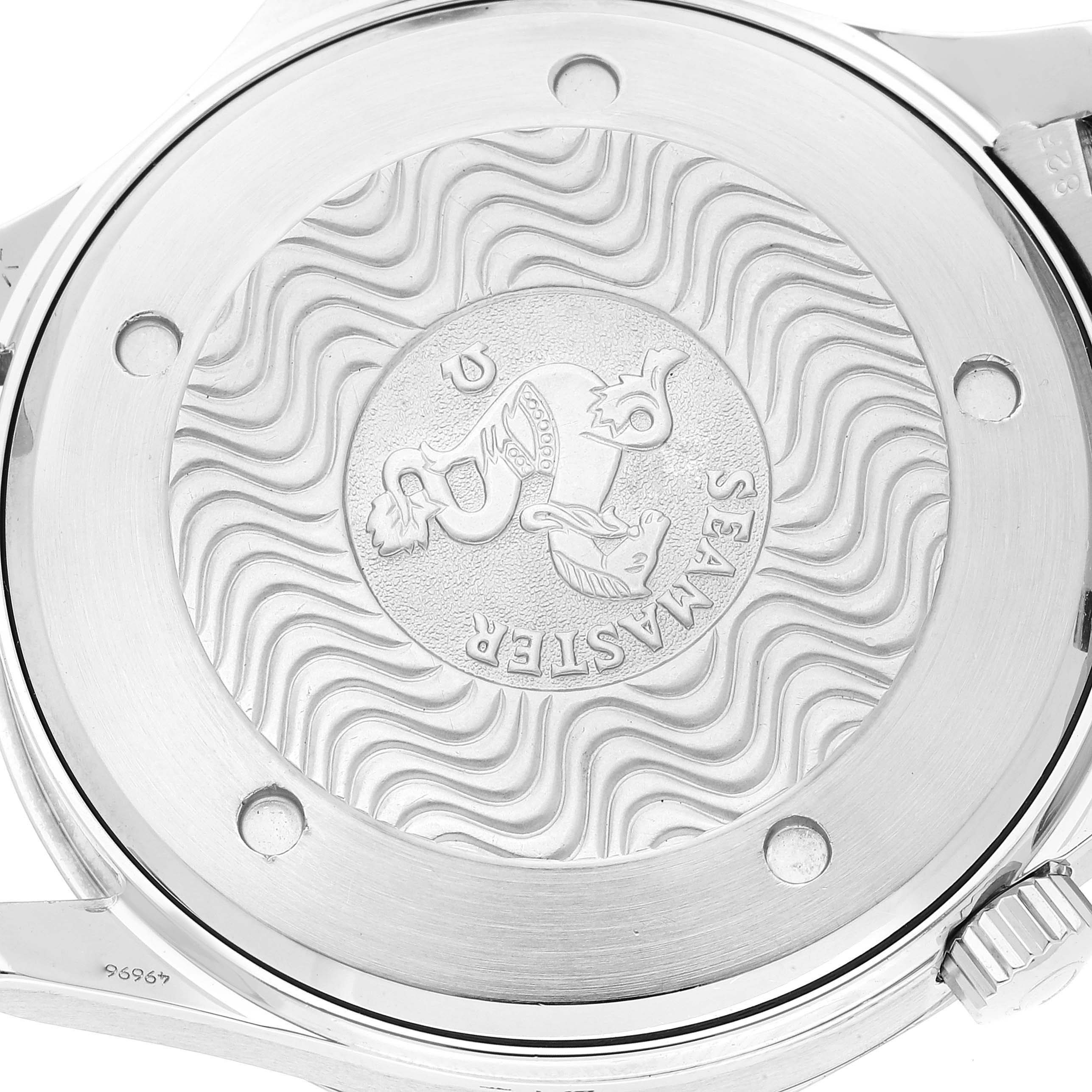 The image shows the case back of an Omega Seamaster 2532.80.00 Men's Stainless Steel Blue Dial 2532.80.00 Men's Stainless Steel Blue Dial watch, featuring engraved waves and the Seamaster logo.