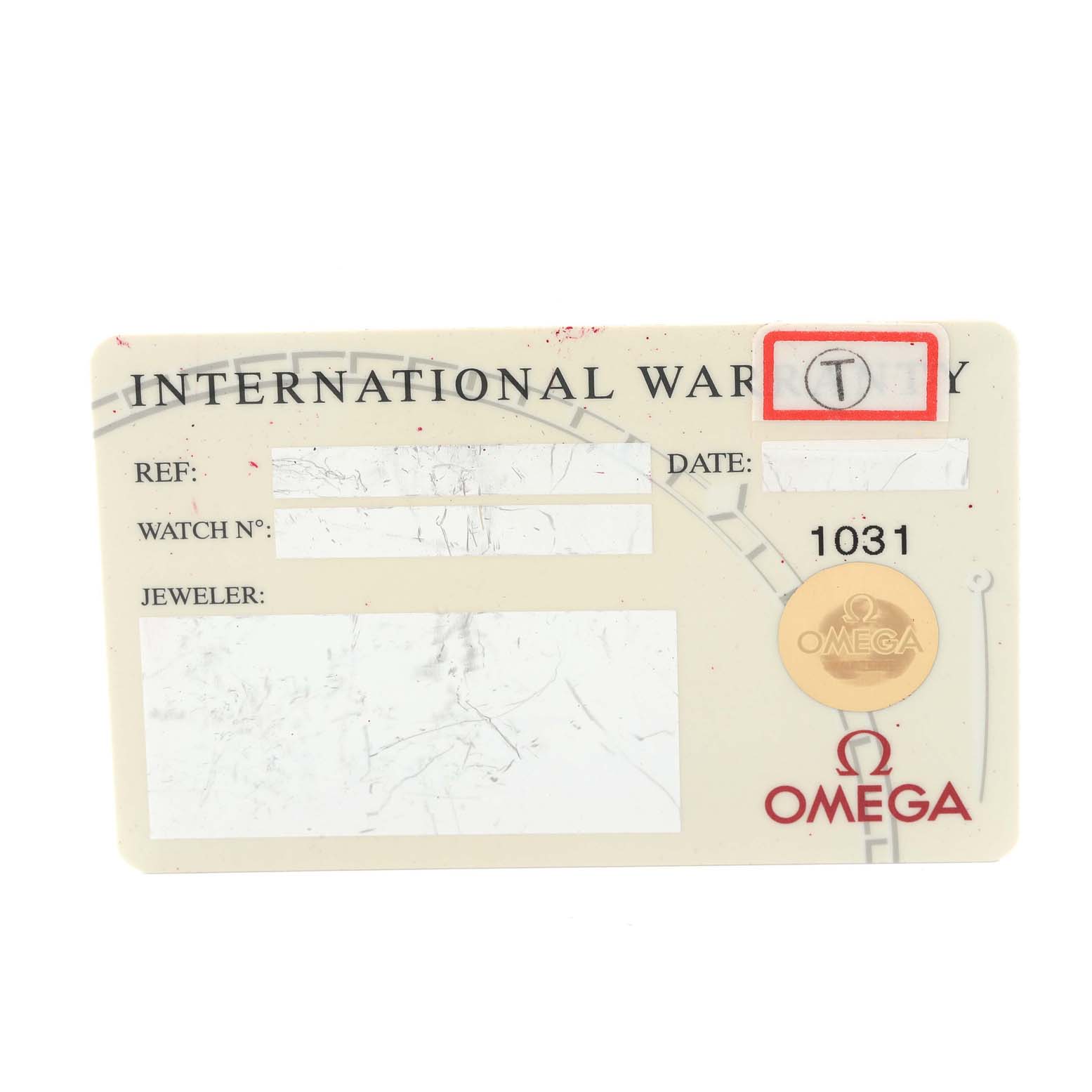 This is an International Warranty card for the Omega Seamaster 2532.80.00 Men's Stainless Steel Blue Dial 2532.80.00 Men's Stainless Steel Blue Dial watch, showing fields for reference, date, watch number, and jeweler.