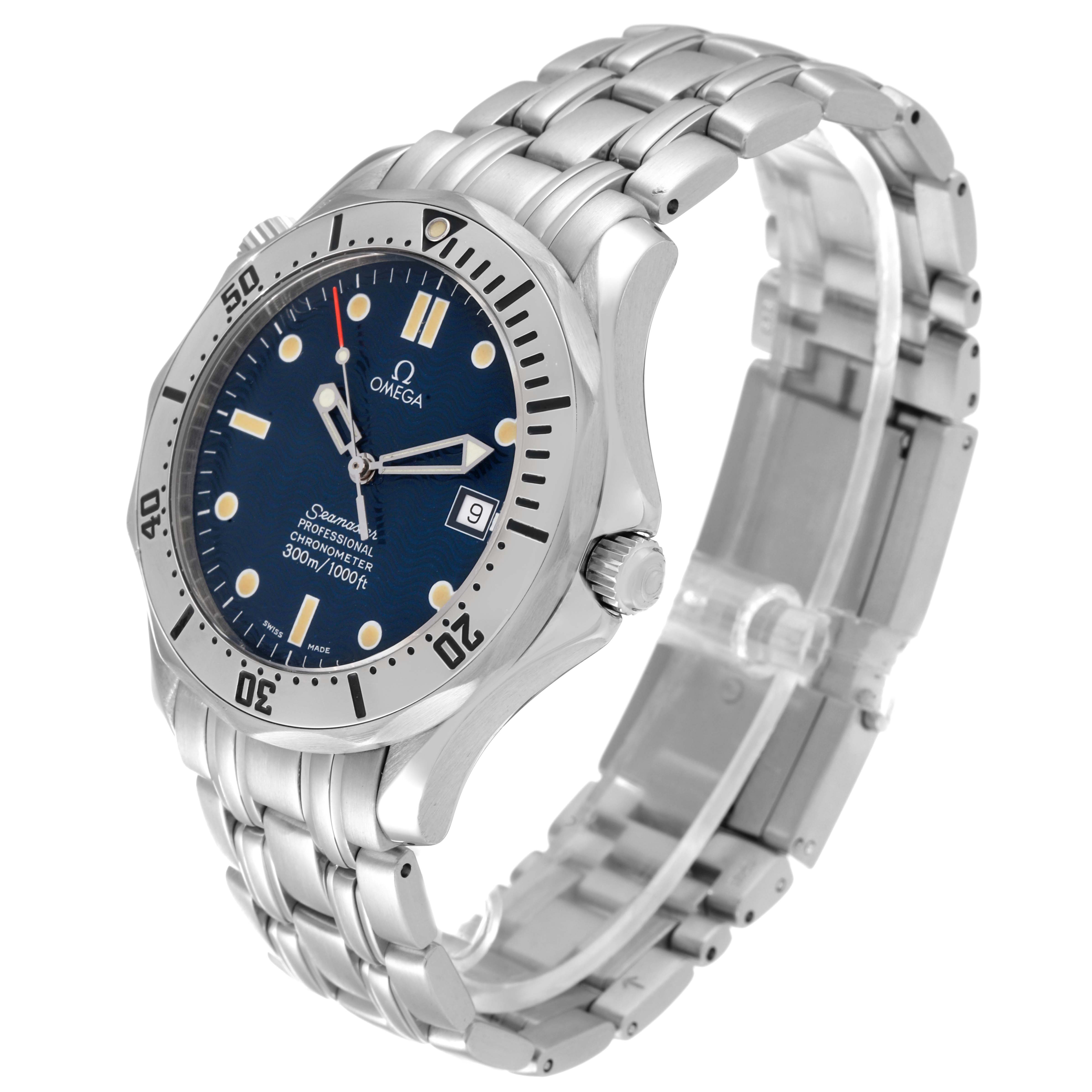 This image shows a side-angle view of the Omega Seamaster 2532.80.00 Men's Stainless Steel Blue Dial 2532.80.00 Men's Stainless Steel Blue Dial watch displaying its face, bezel, crown, and stainless steel bracelet.