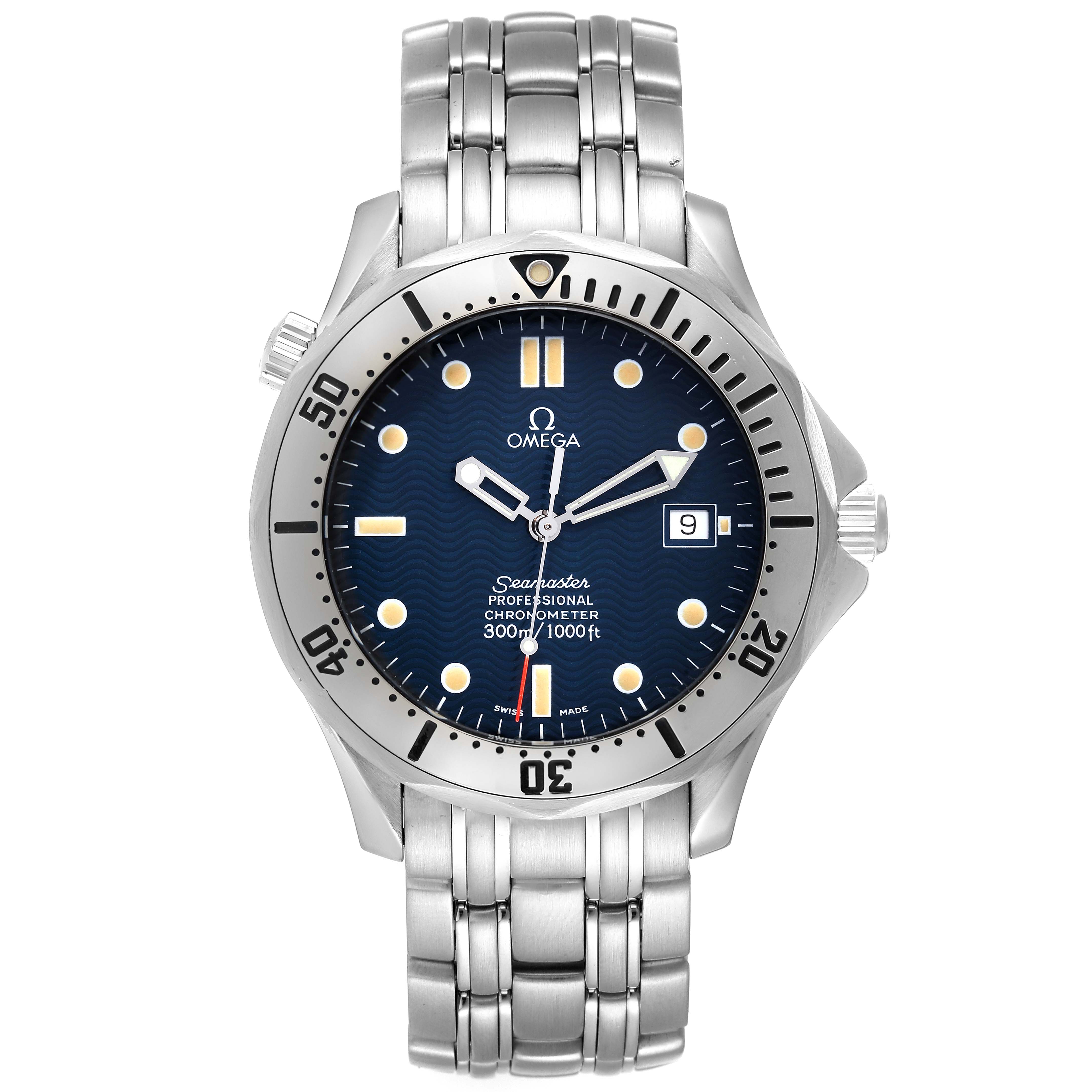 The image shows a front view of an Omega Seamaster 2532.80.00 Men's Stainless Steel Blue Dial 2532.80.00 Men's Stainless Steel Blue Dial watch, highlighting the dial, hands, bezel, and stainless steel bracelet.