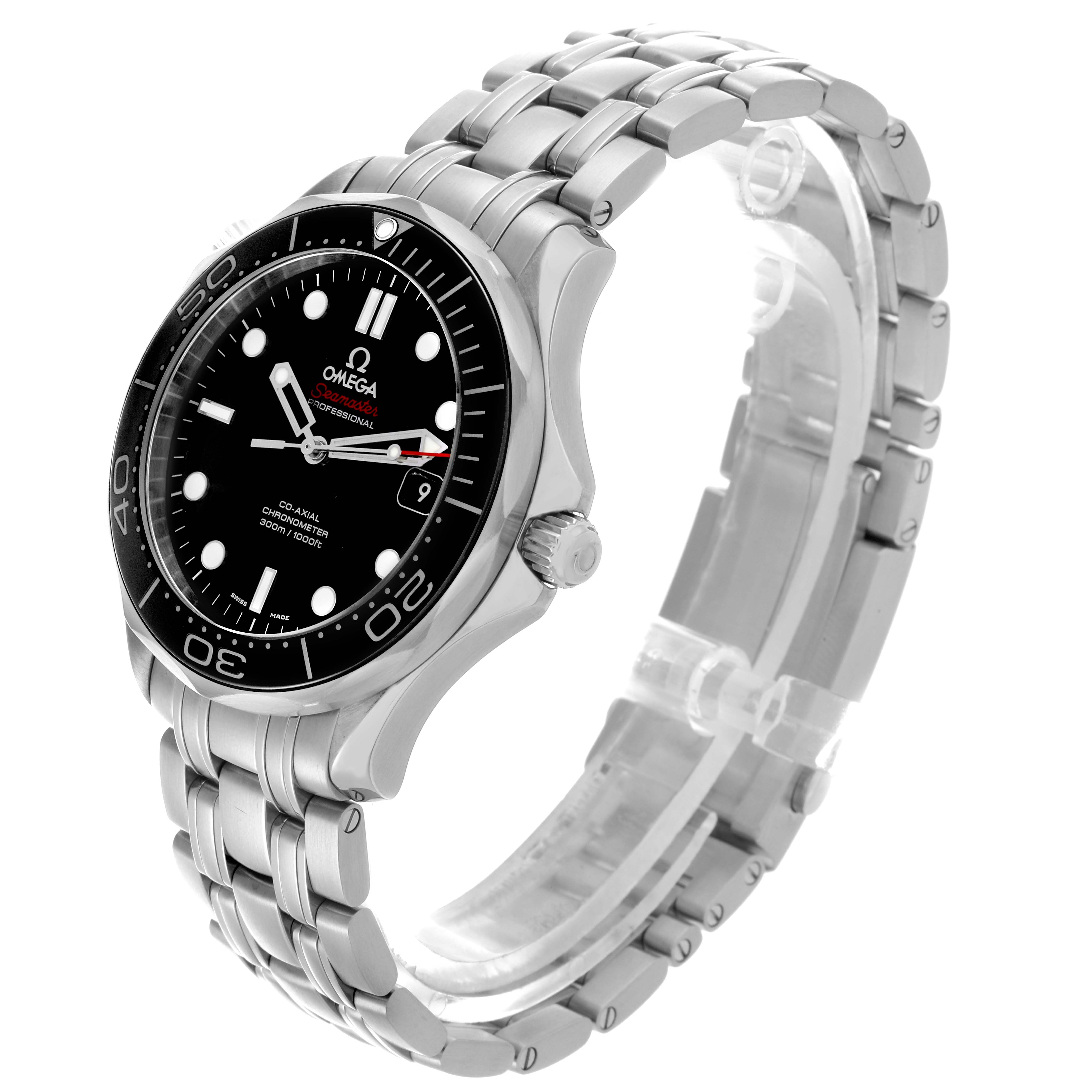 The Omega Seamaster 212.30.41.20.01.003 Men
s Stainless Steel Black Dial 212.30.41.20.01.003 Men
s Stainless Steel Black Dial watch is shown from a side angle, highlighting the case, bezel, dial, bracelet, and crown.