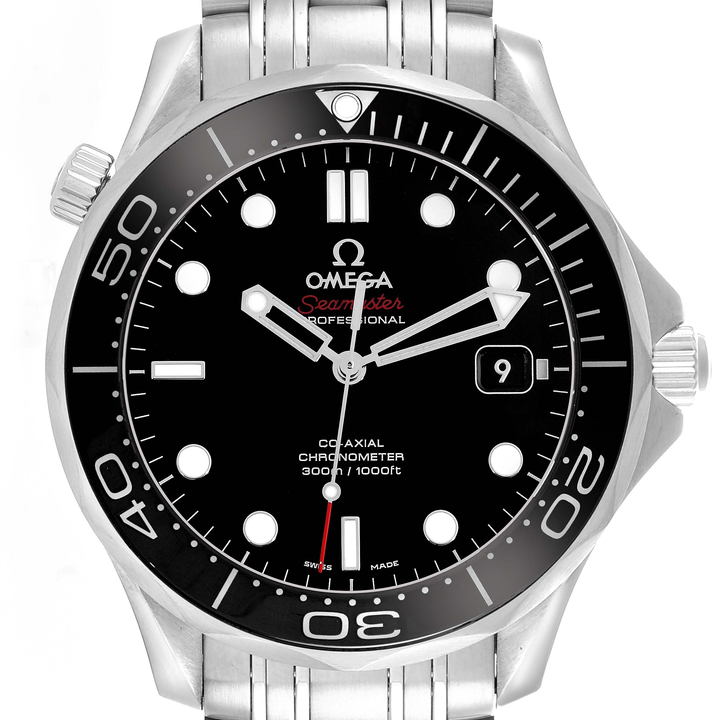The Omega Seamaster 212.30.41.20.01.003 Men
s Stainless Steel Black Dial 212.30.41.20.01.003 Men
s Stainless Steel Black Dial watch is shown from a front angle, displaying the dial, bezel, and part of the bracelet.