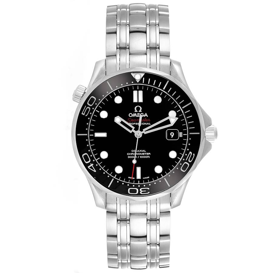 The Omega Seamaster watch is shown from a front angle, displaying the full face, bezel, and metal bracelet.