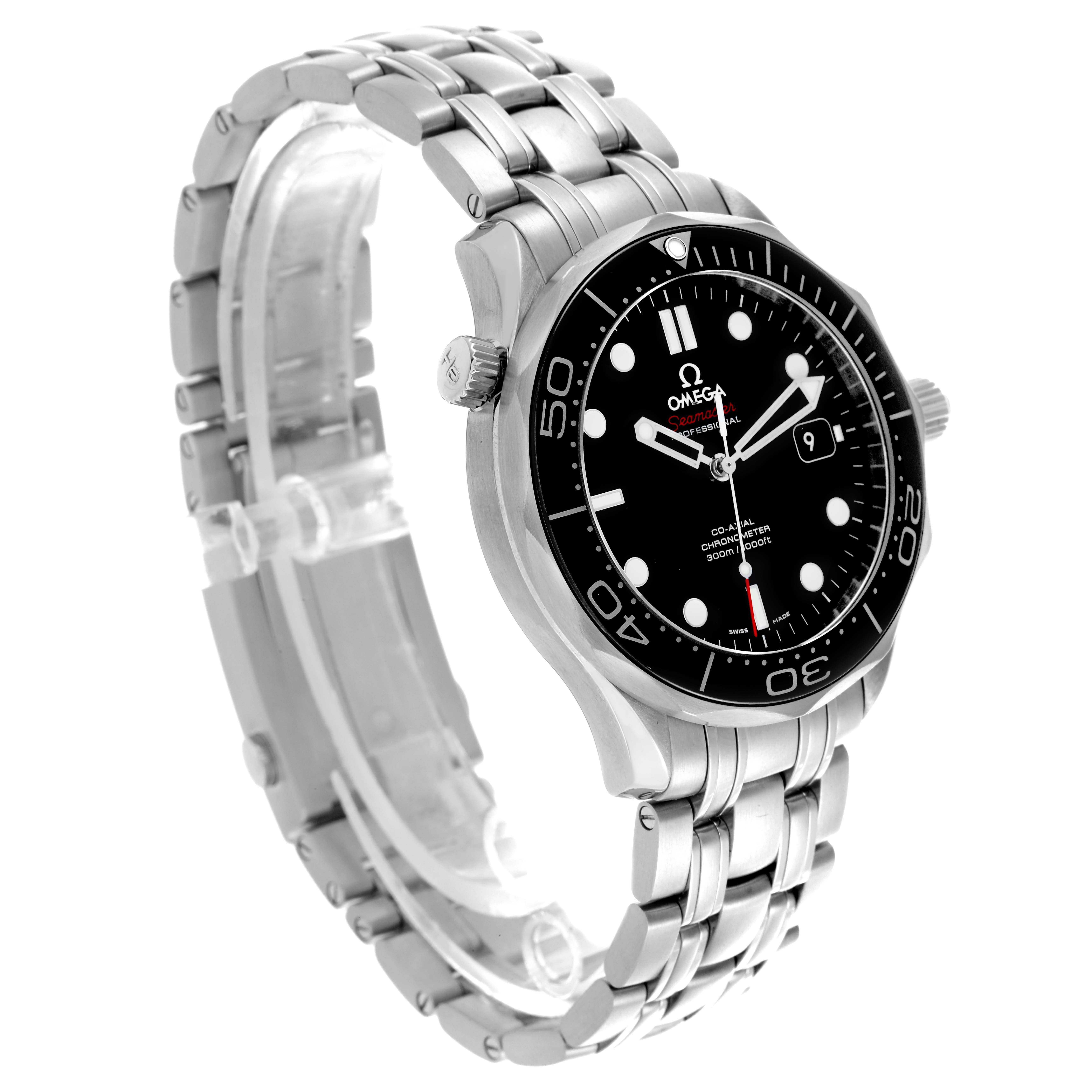 The Omega Seamaster 212.30.41.20.01.003 Men
s Stainless Steel Black Dial 212.30.41.20.01.003 Men
s Stainless Steel Black Dial watch is angled to show the face, bezel, crown, and stainless steel bracelet.