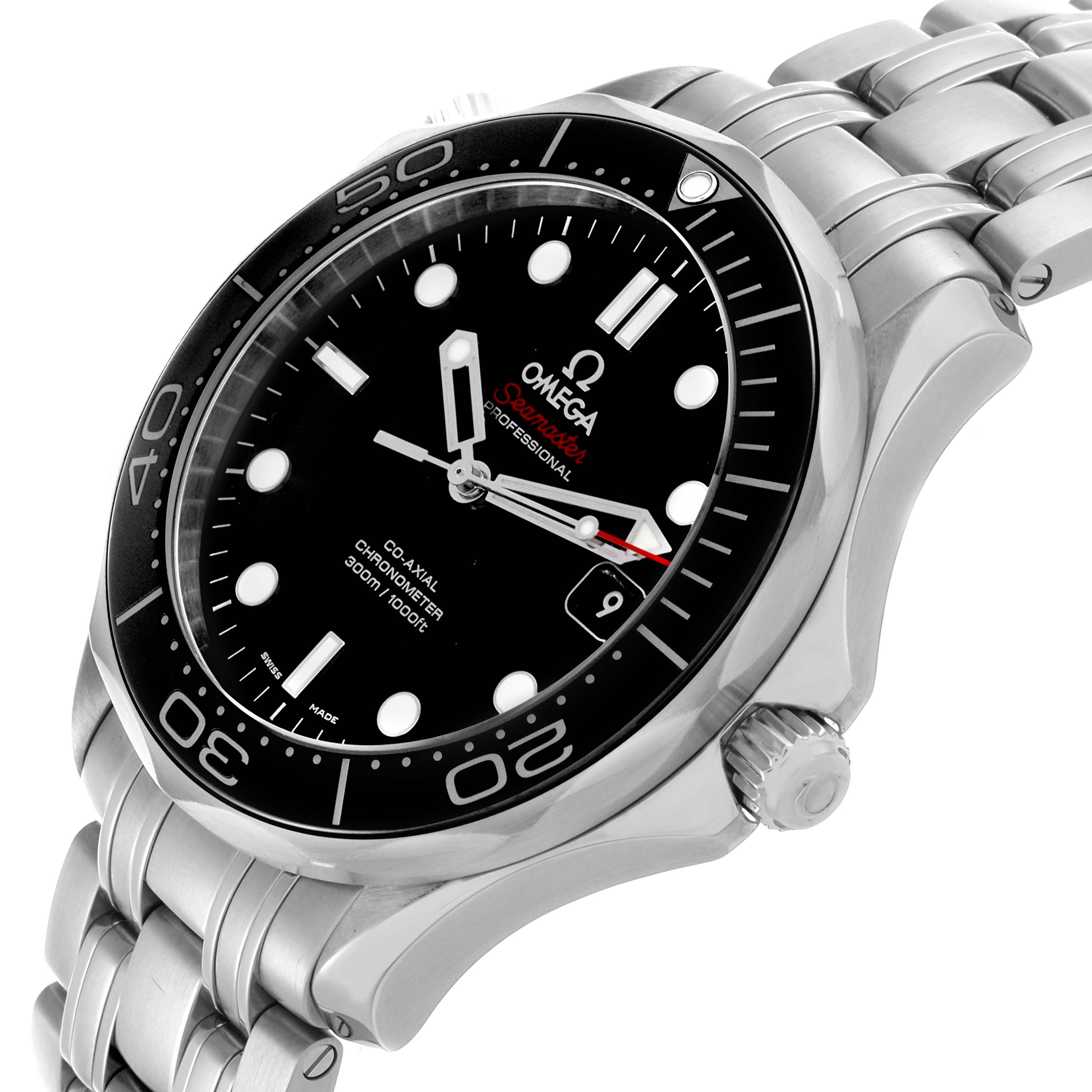 The Omega Seamaster 212.30.41.20.01.003 Men
s Stainless Steel Black Dial 212.30.41.20.01.003 Men
s Stainless Steel Black Dial watch is shown at an angle highlighting the face, bezel, crown, and bracelet.