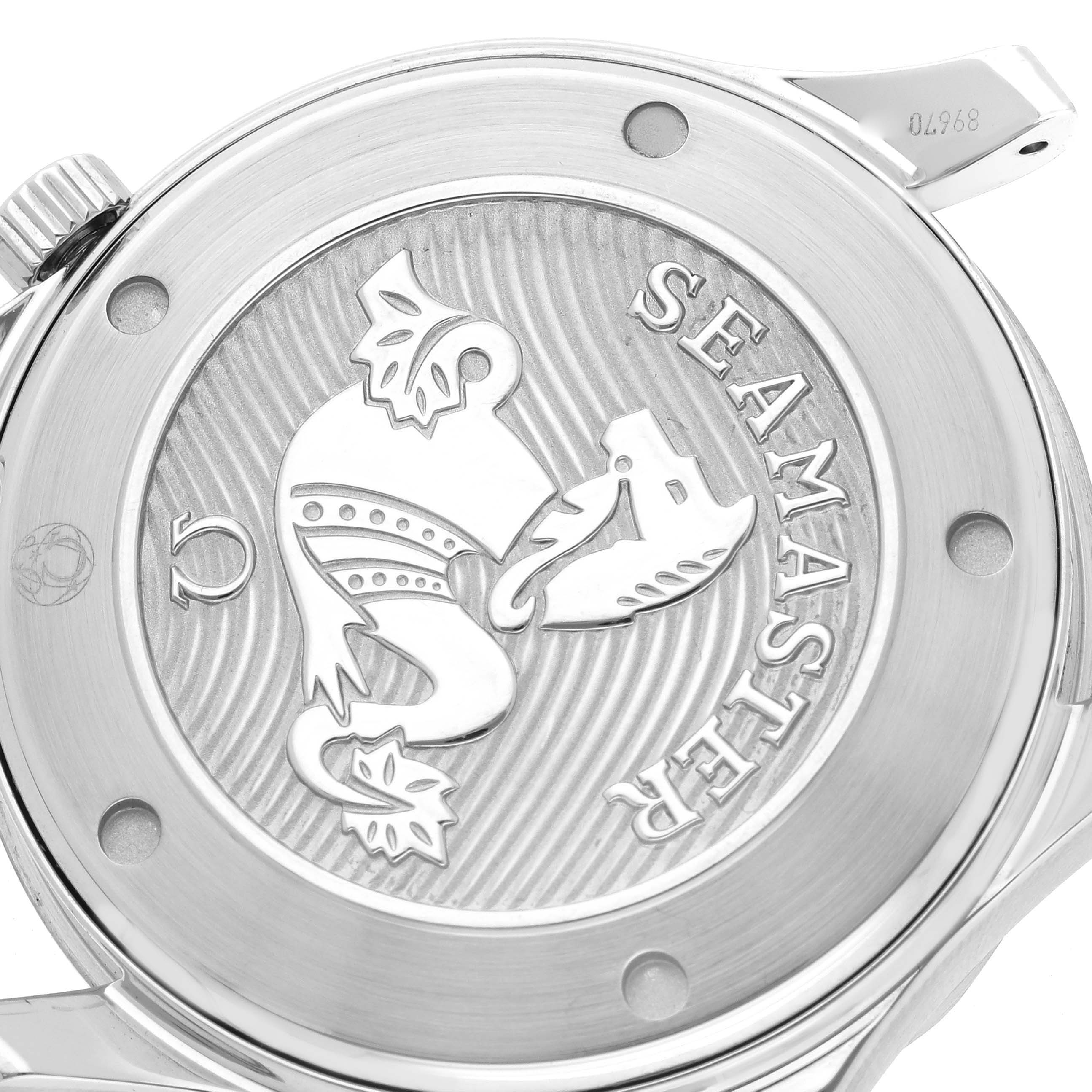 The image shows the back case of an Omega Seamaster 212.30.41.20.01.003 Men
s Stainless Steel Black Dial 212.30.41.20.01.003 Men
s Stainless Steel Black Dial, featuring the engraved logo and design details.