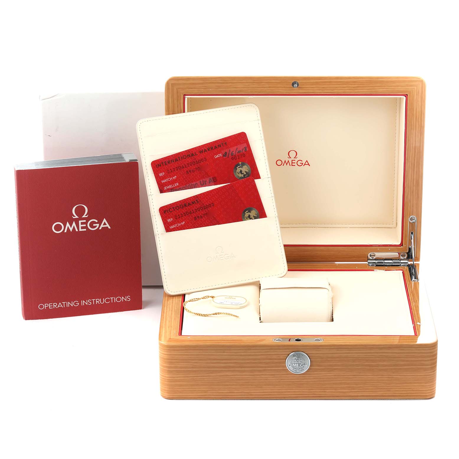 The image shows an Omega Seamaster 212.30.41.20.01.003 Men
s Stainless Steel Black Dial 212.30.41.20.01.003 Men
s Stainless Steel Black Dial box with a warranty card holder, operating instructions, and the inside packaging.