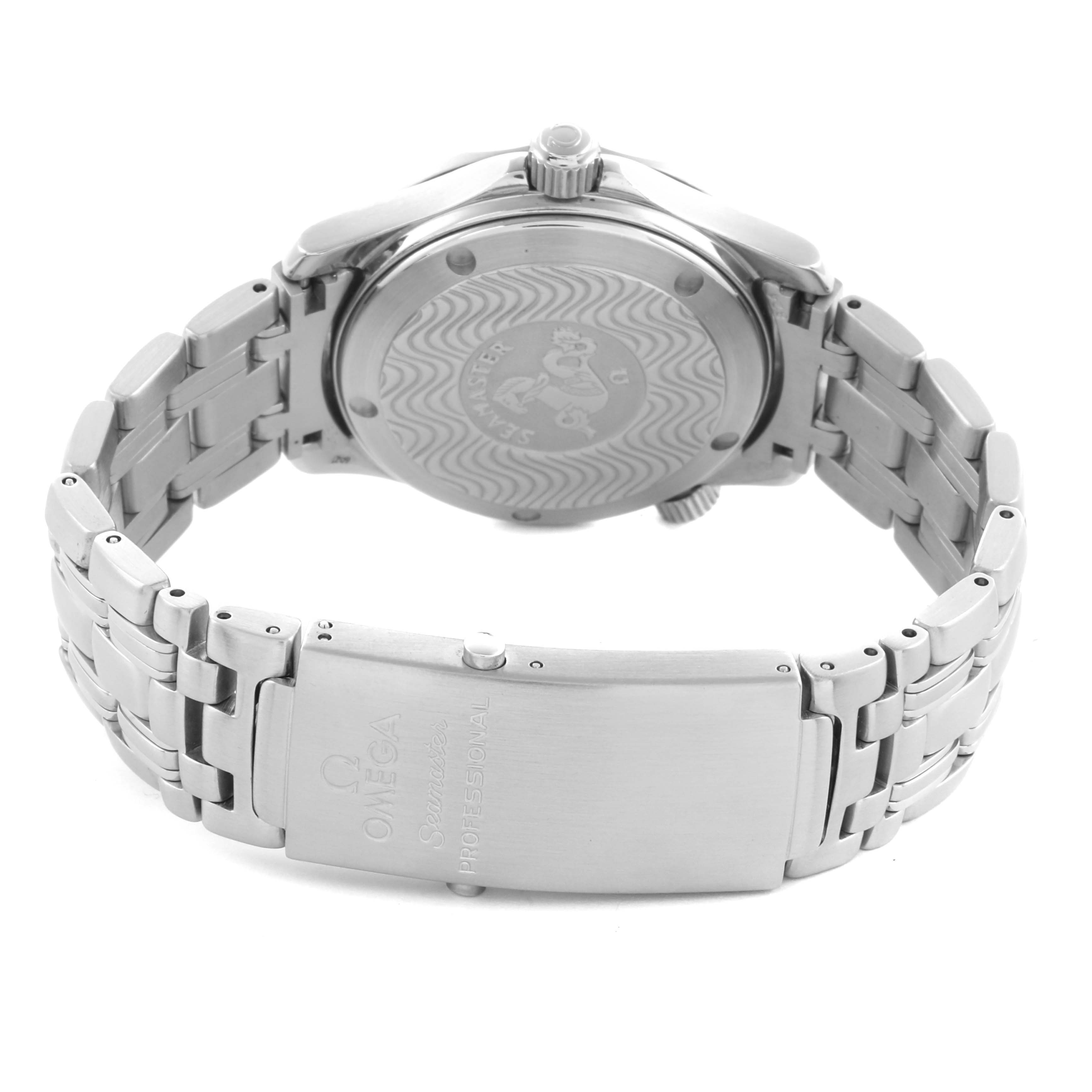 The image shows the back and bracelet of the Omega Seamaster 2551.80.00 Men's Stainless Steel Blue Dial 2551.80.00 Men's Stainless Steel Blue Dial watch at an angle, highlighting the clasp and case back details.