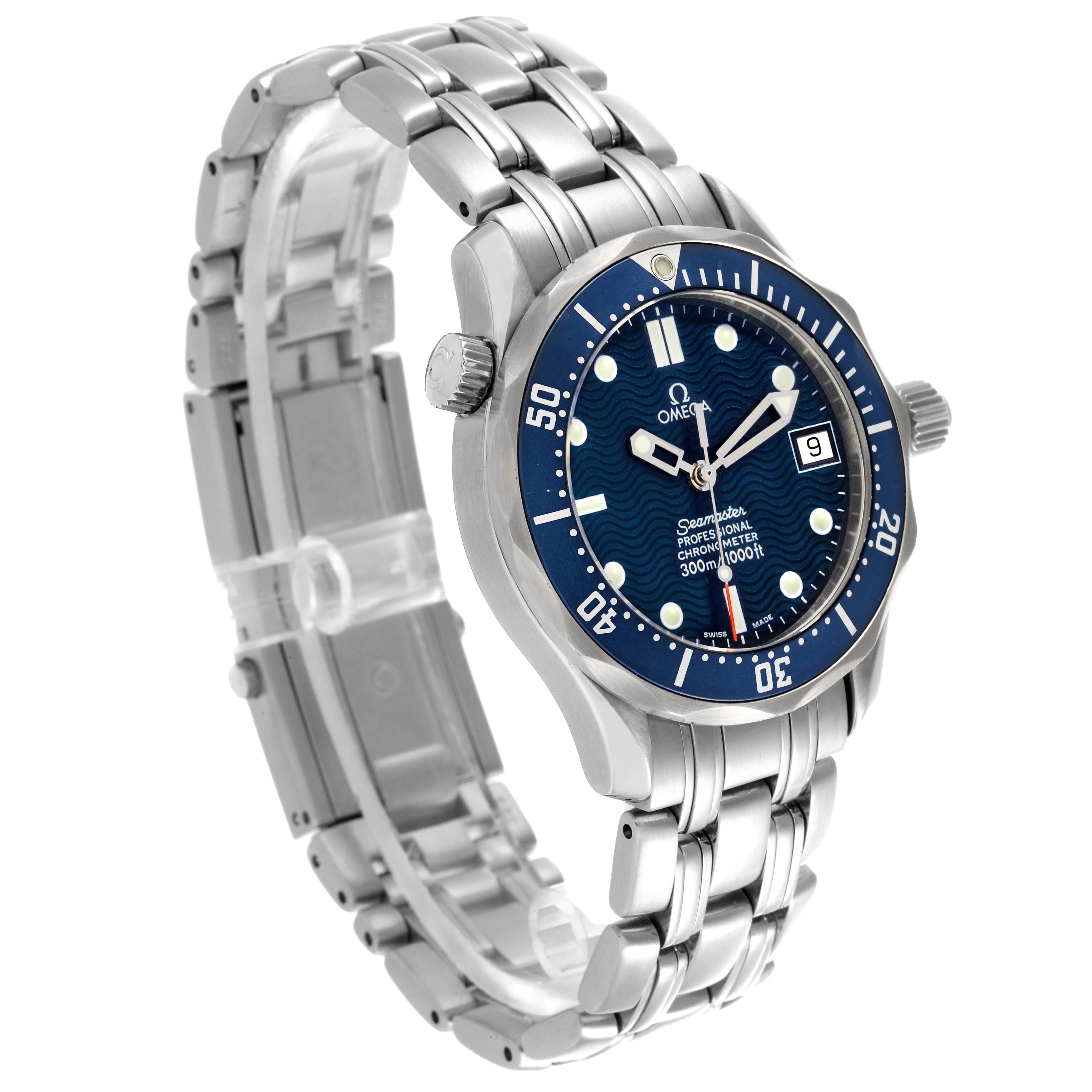 The image shows a side angle of the Omega Seamaster 2551.80.00 Men's Stainless Steel Blue Dial 2551.80.00 Men's Stainless Steel Blue Dial watch, highlighting its blue dial, bezel, and metal bracelet.
