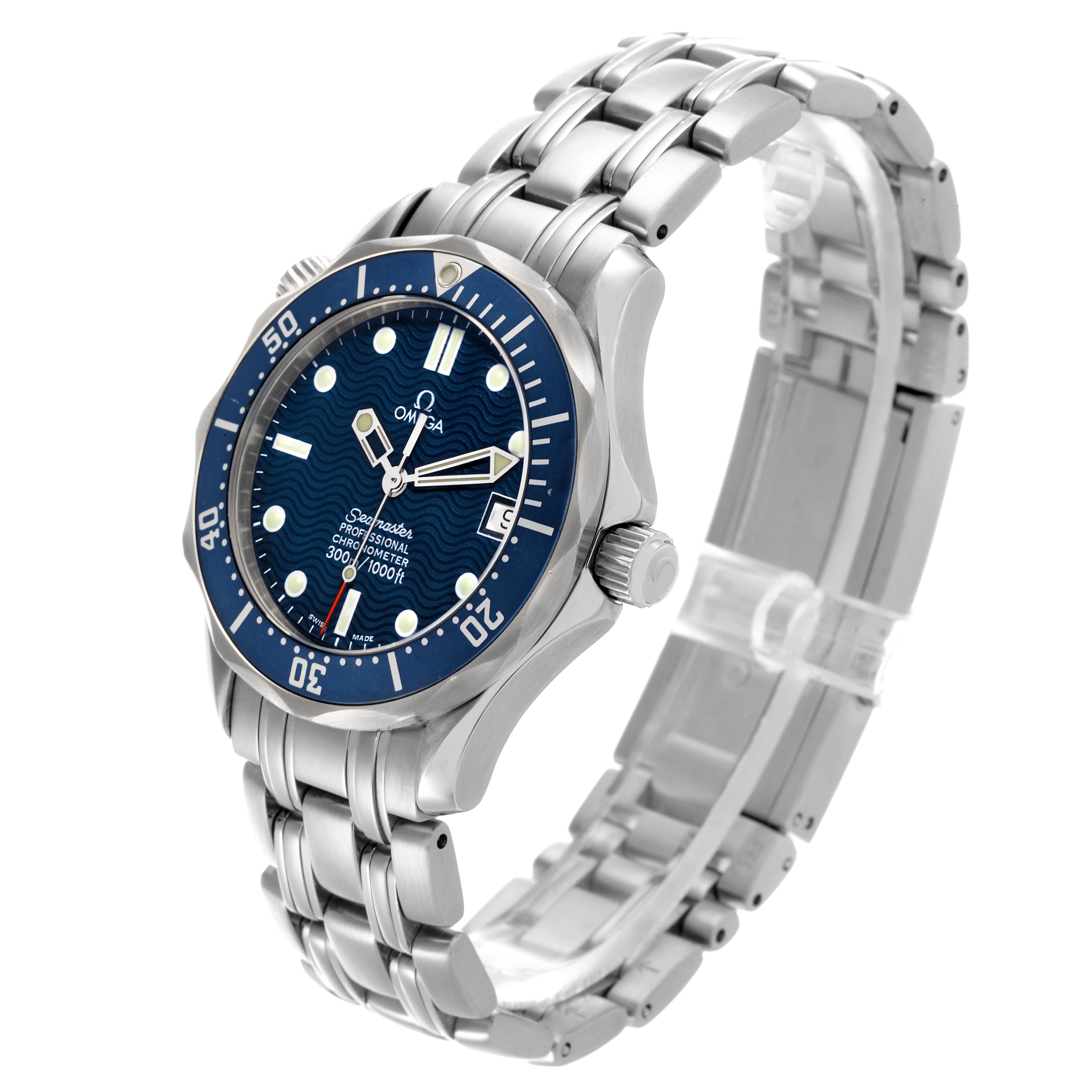 The Omega Seamaster 2551.80.00 Men's Stainless Steel Blue Dial 2551.80.00 Men's Stainless Steel Blue Dial watch is shown at a three-quarter angle, displaying the face, bezel, crown, and metal bracelet.