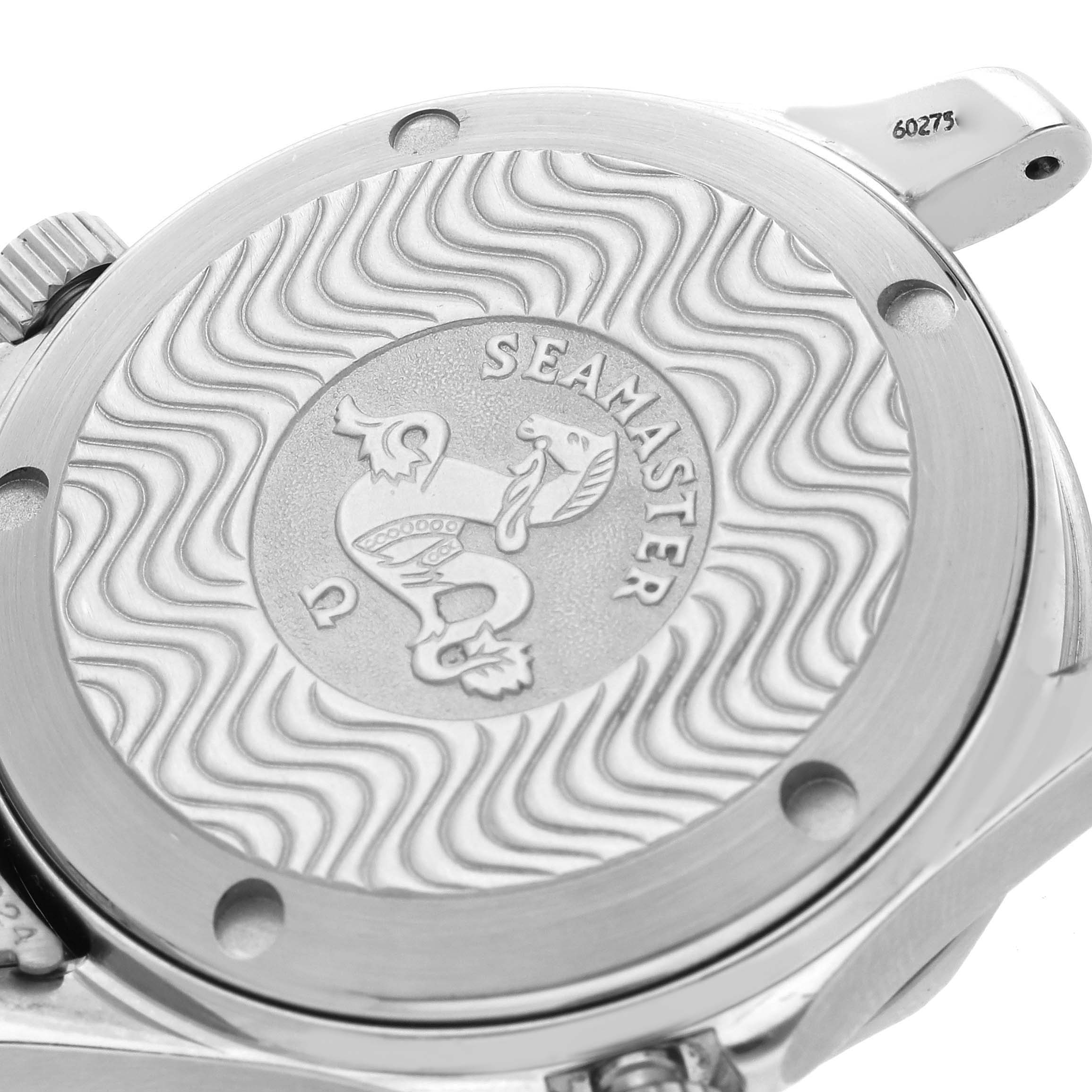 The image shows the back case of the Omega Seamaster 2551.80.00 Men's Stainless Steel Blue Dial 2551.80.00 Men's Stainless Steel Blue Dial watch with engravings and branding details.