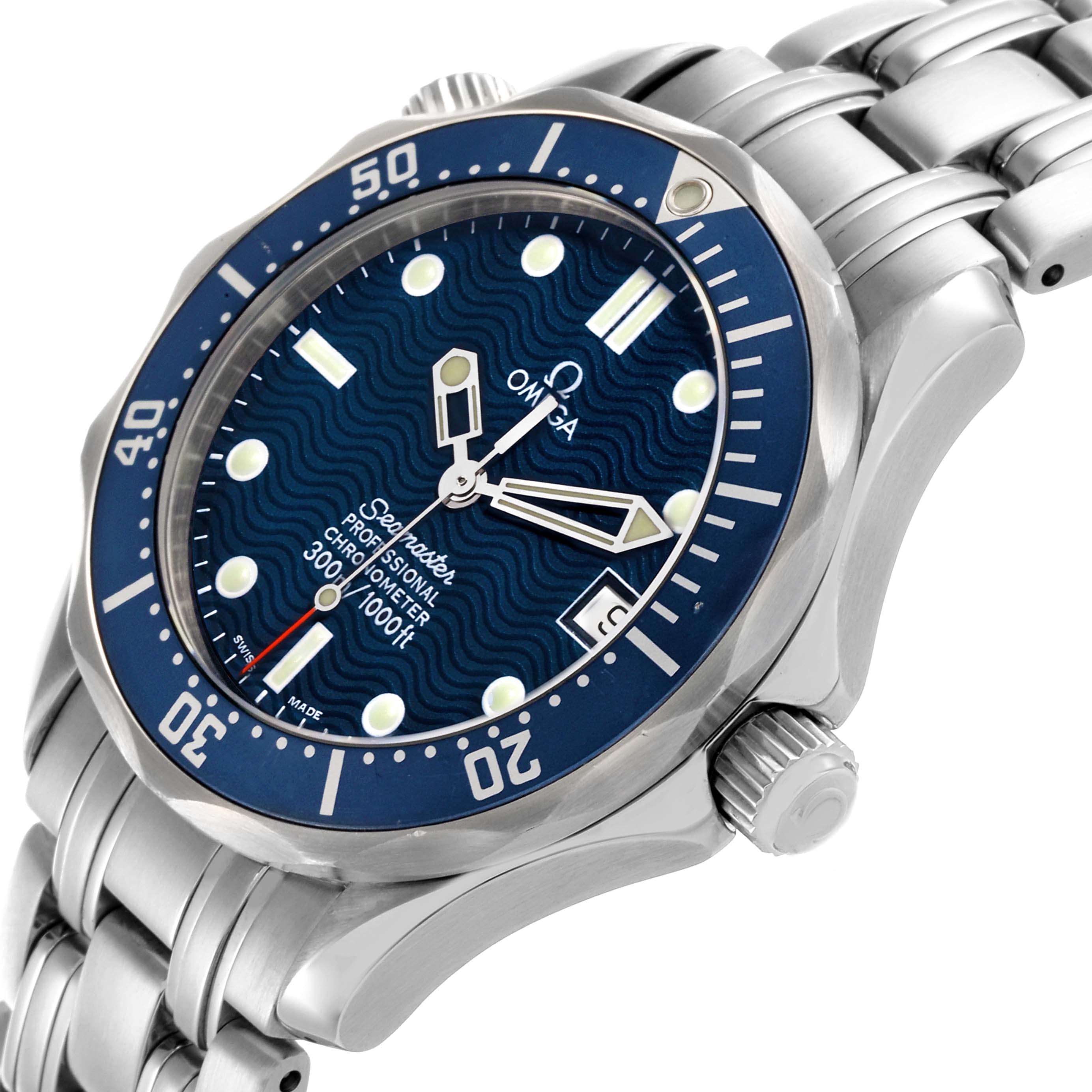 The Omega Seamaster 2551.80.00 Men's Stainless Steel Blue Dial 2551.80.00 Men's Stainless Steel Blue Dial watch is shown at a three-quarter angle highlighting the face, bezel, crown, and bracelet.