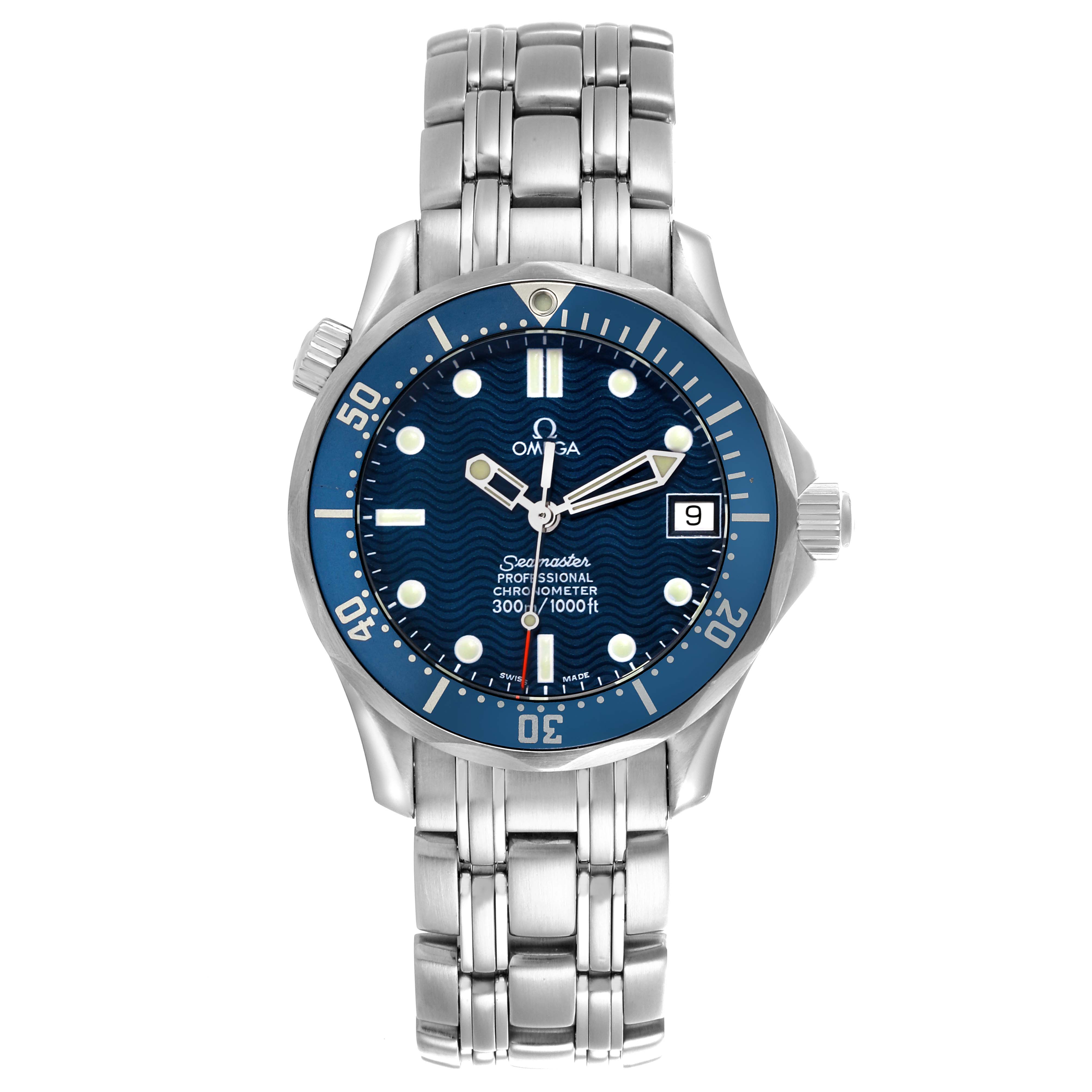 The Omega Seamaster 2551.80.00 Men's Stainless Steel Blue Dial 2551.80.00 Men's Stainless Steel Blue Dial watch is shown from the front, displaying the face, bezel, and full metal bracelet.