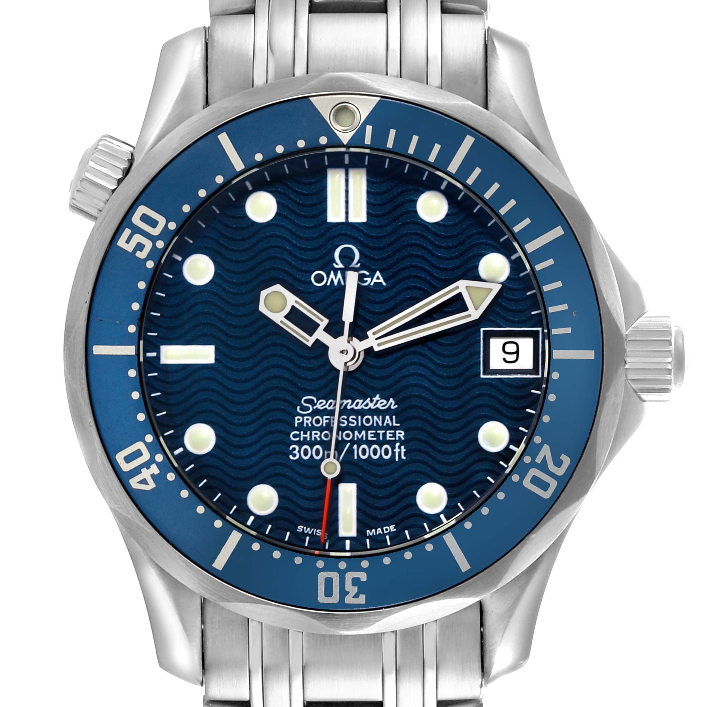 The image shows a frontal view of the Omega Seamaster 2551.80.00 Men's Stainless Steel Blue Dial 2551.80.00 Men's Stainless Steel Blue Dial watch, highlighting the dial, bezel, and bracelet.