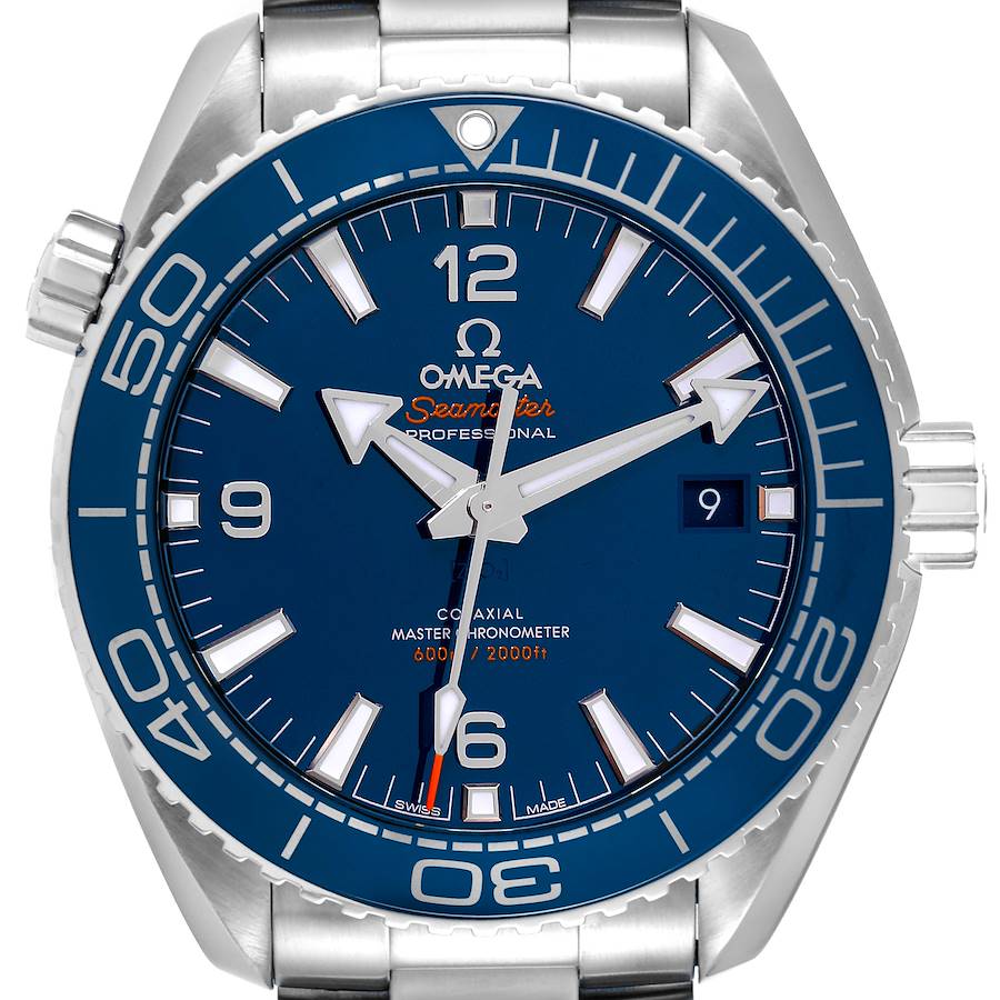 The Omega Planet Ocean watch is shown from the front, highlighting its blue dial, bezel, and stainless steel bracelet.