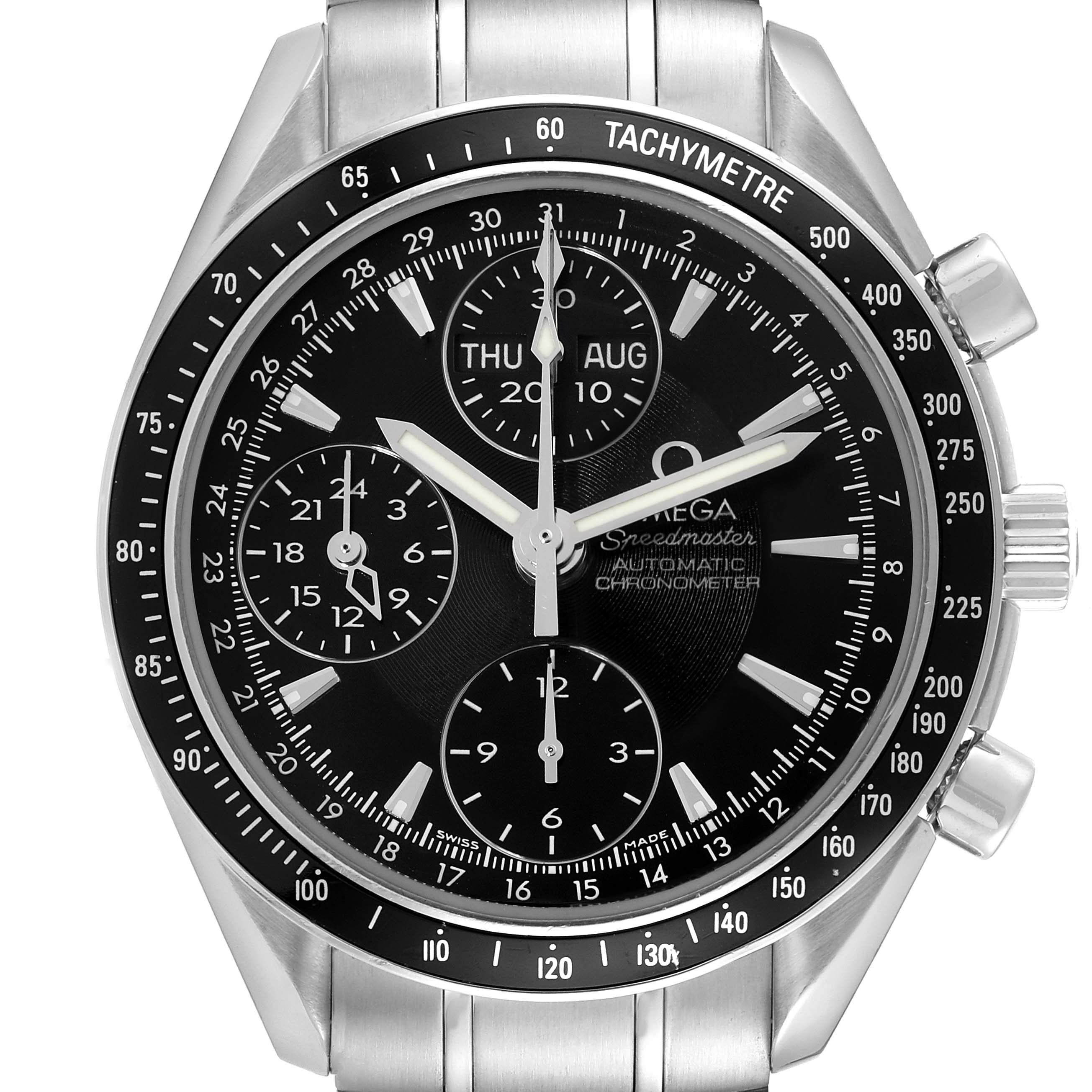 This image shows a front view of the Omega Speedmaster 3220.50.00 Men
s Stainless Steel Black Dial 3220.50.00 Men
s Stainless Steel Black Dial watch face, detailing the chronograph dials and tachymeter.