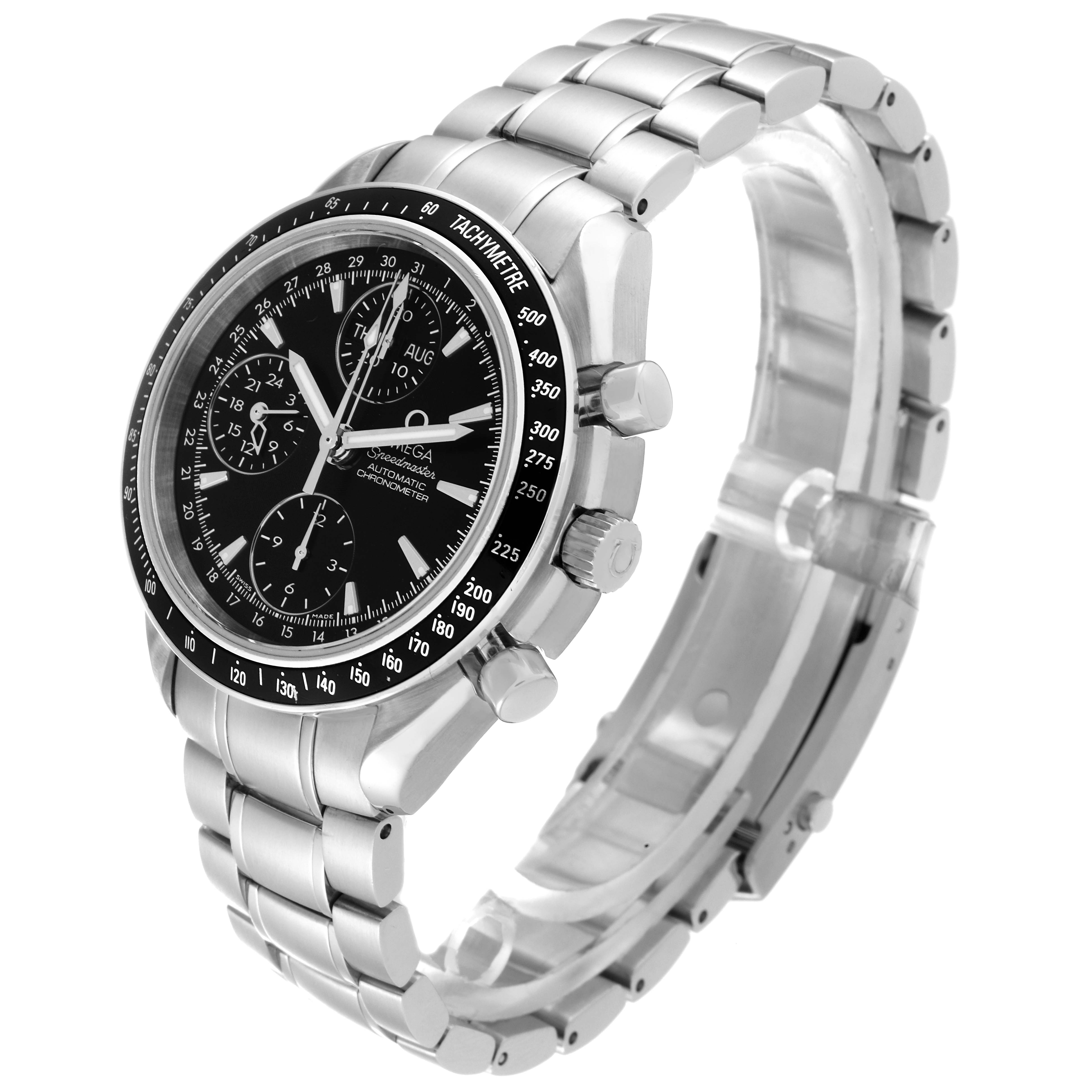 The image shows an Omega Speedmaster 3220.50.00 Men
s Stainless Steel Black Dial 3220.50.00 Men
s Stainless Steel Black Dial watch from a three-quarter side angle, highlighting the dial, case, bracelet, and tachymeter bezel.