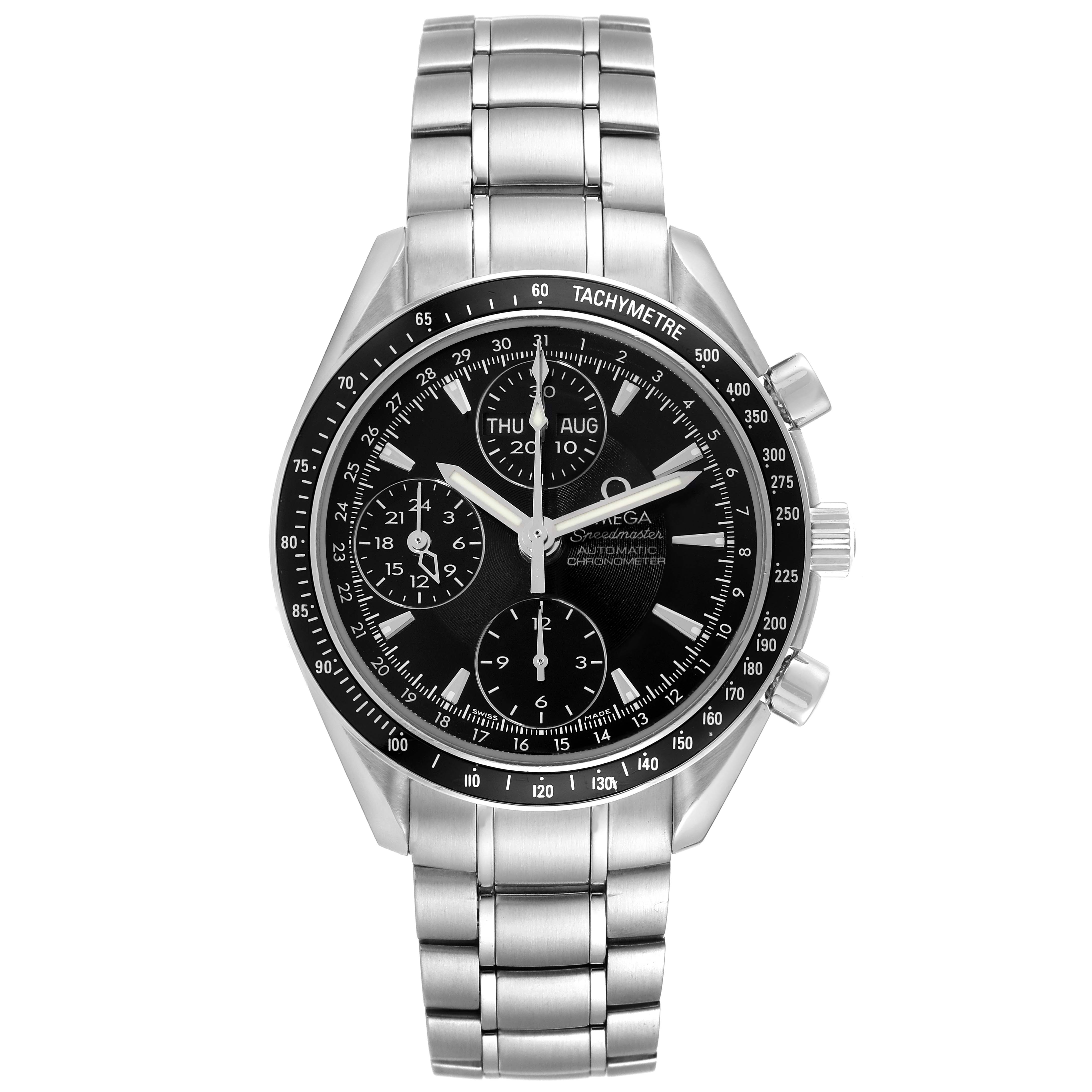 The image shows a front view of the Omega Speedmaster 3220.50.00 Men
s Stainless Steel Black Dial 3220.50.00 Men
s Stainless Steel Black Dial watch, displaying the face, chronograph dials, and the stainless steel bracelet.