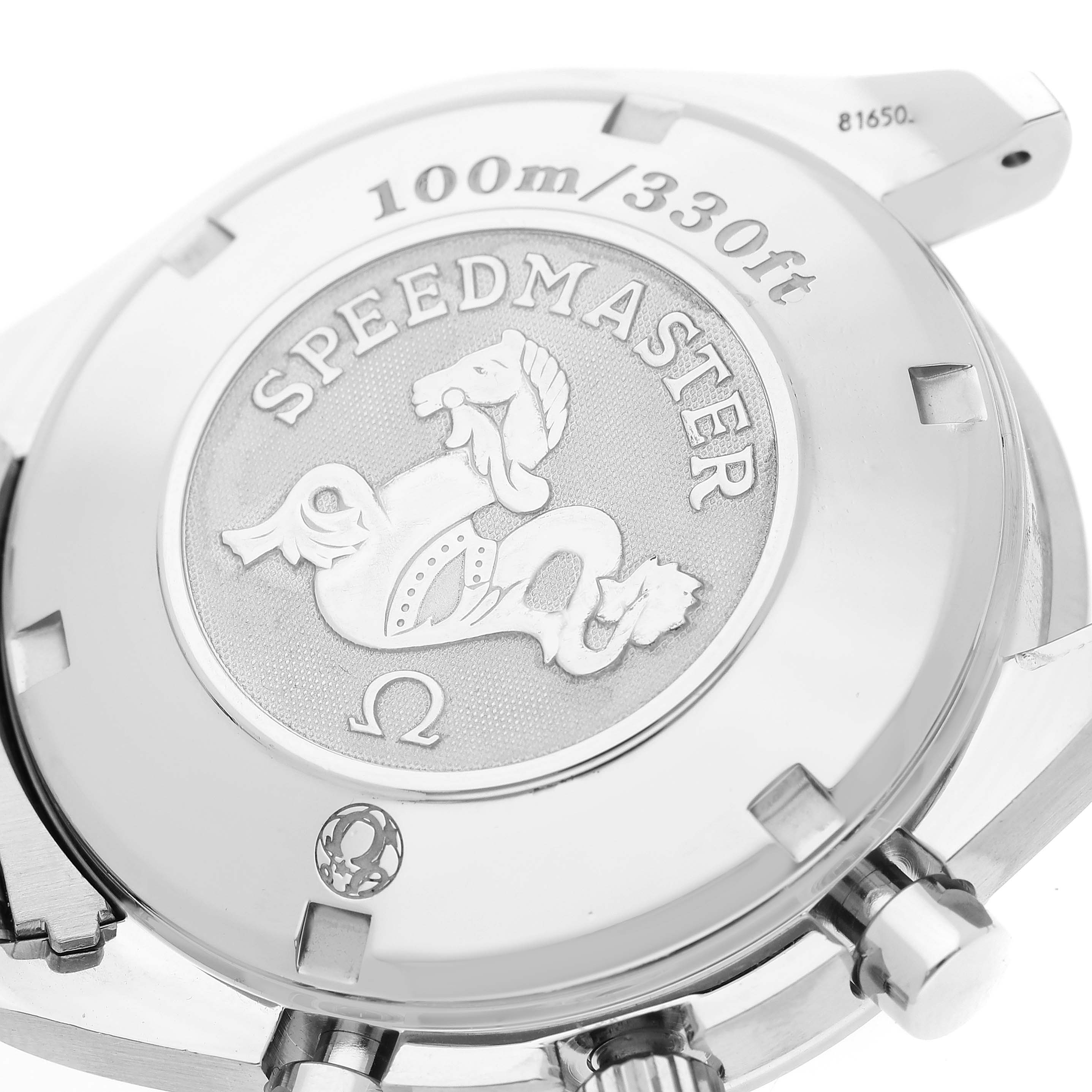 The image shows the back casing of an Omega Speedmaster 3220.50.00 Men
s Stainless Steel Black Dial 3220.50.00 Men
s Stainless Steel Black Dial watch, displaying the model name and depth rating of 100m/330ft.