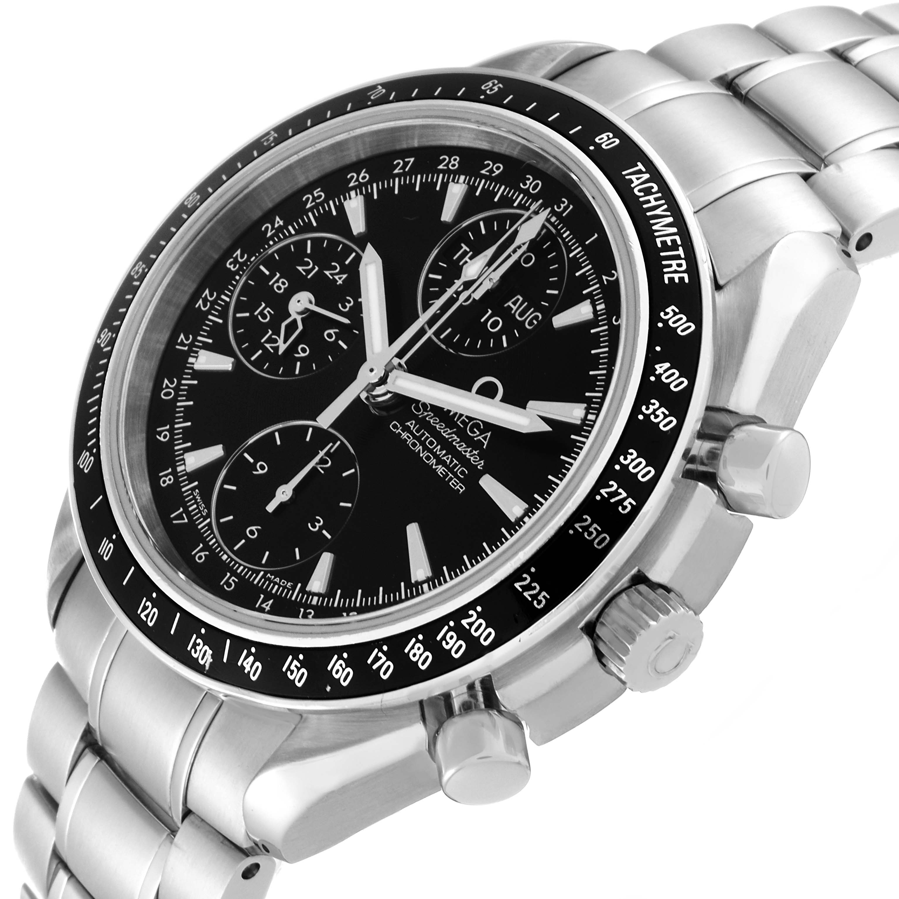 The Omega Speedmaster 3220.50.00 Men
s Stainless Steel Black Dial 3220.50.00 Men
s Stainless Steel Black Dial watch is shown at an angle highlighting its dial, tachymeter bezel, crown, pushers, and metal bracelet.