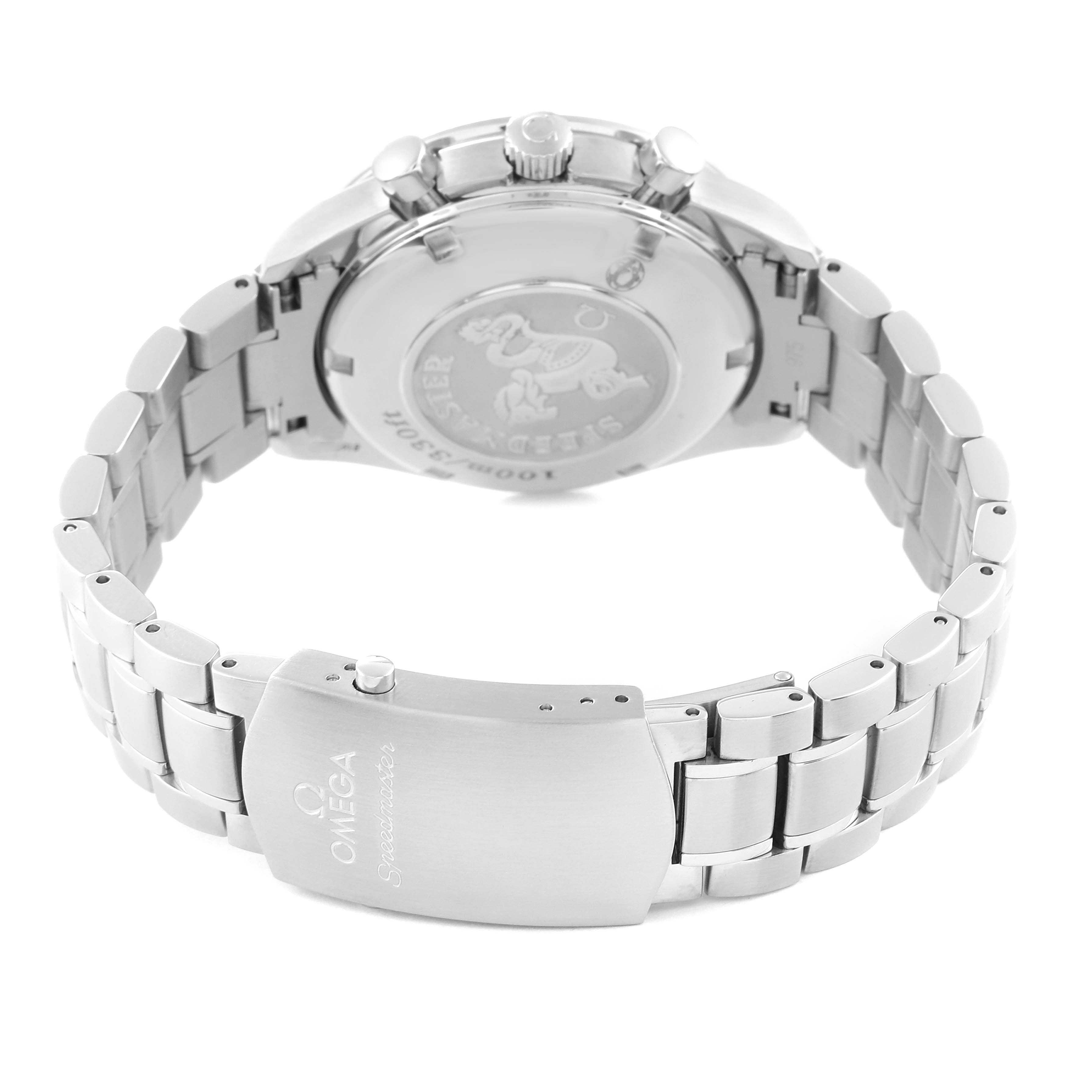 The image shows the back case, crown, pushers, and bracelet of the Omega Speedmaster 3220.50.00 Men
s Stainless Steel Black Dial 3220.50.00 Men
s Stainless Steel Black Dial watch from a rear angle.