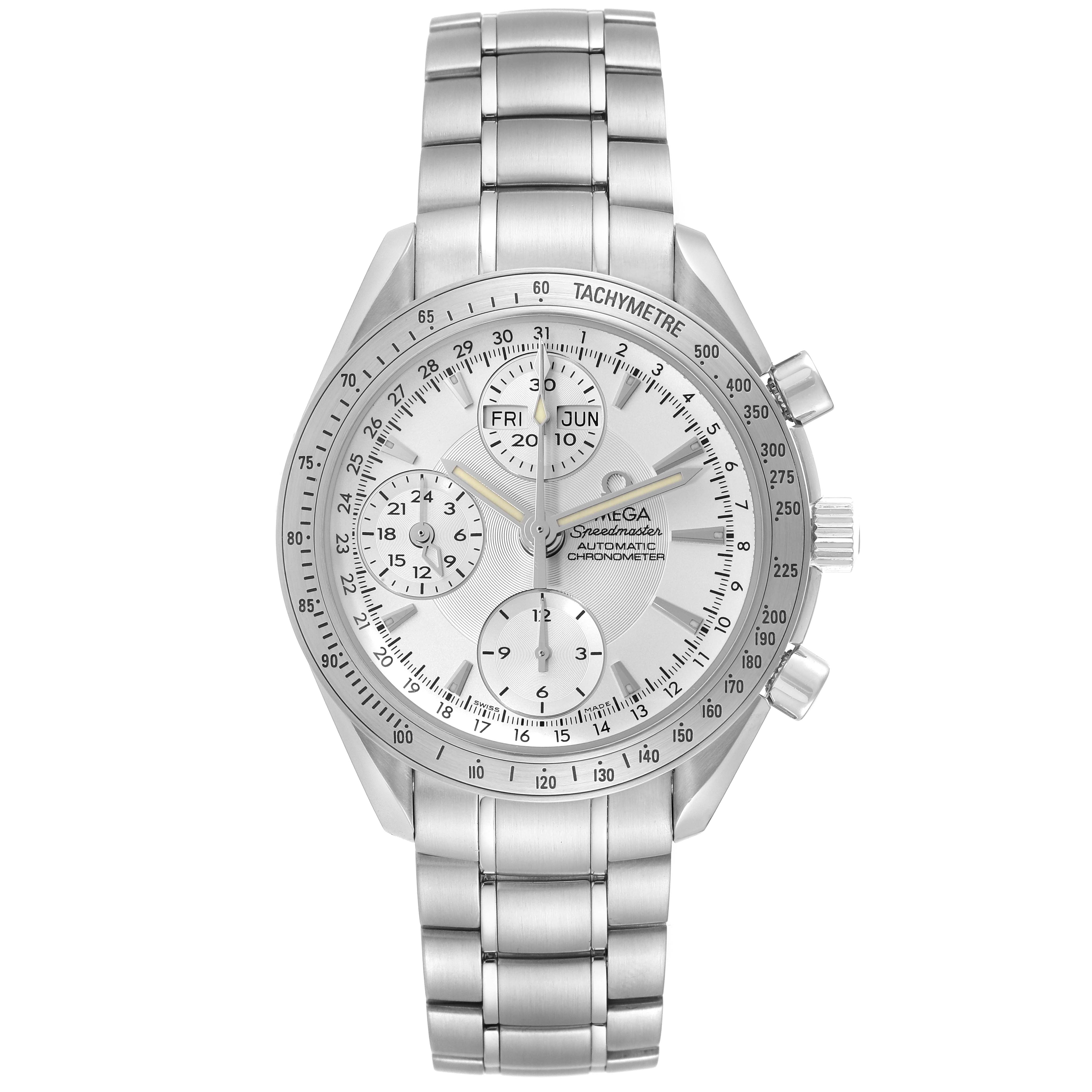 The image displays the front view of an Omega Speedmaster 3221.30.00 Men
s Stainless Steel Silver Dial 3221.30.00 Men
s Stainless Steel Silver Dial watch, showing the dial, chronograph sub-dials, bezel, and metal bracelet.