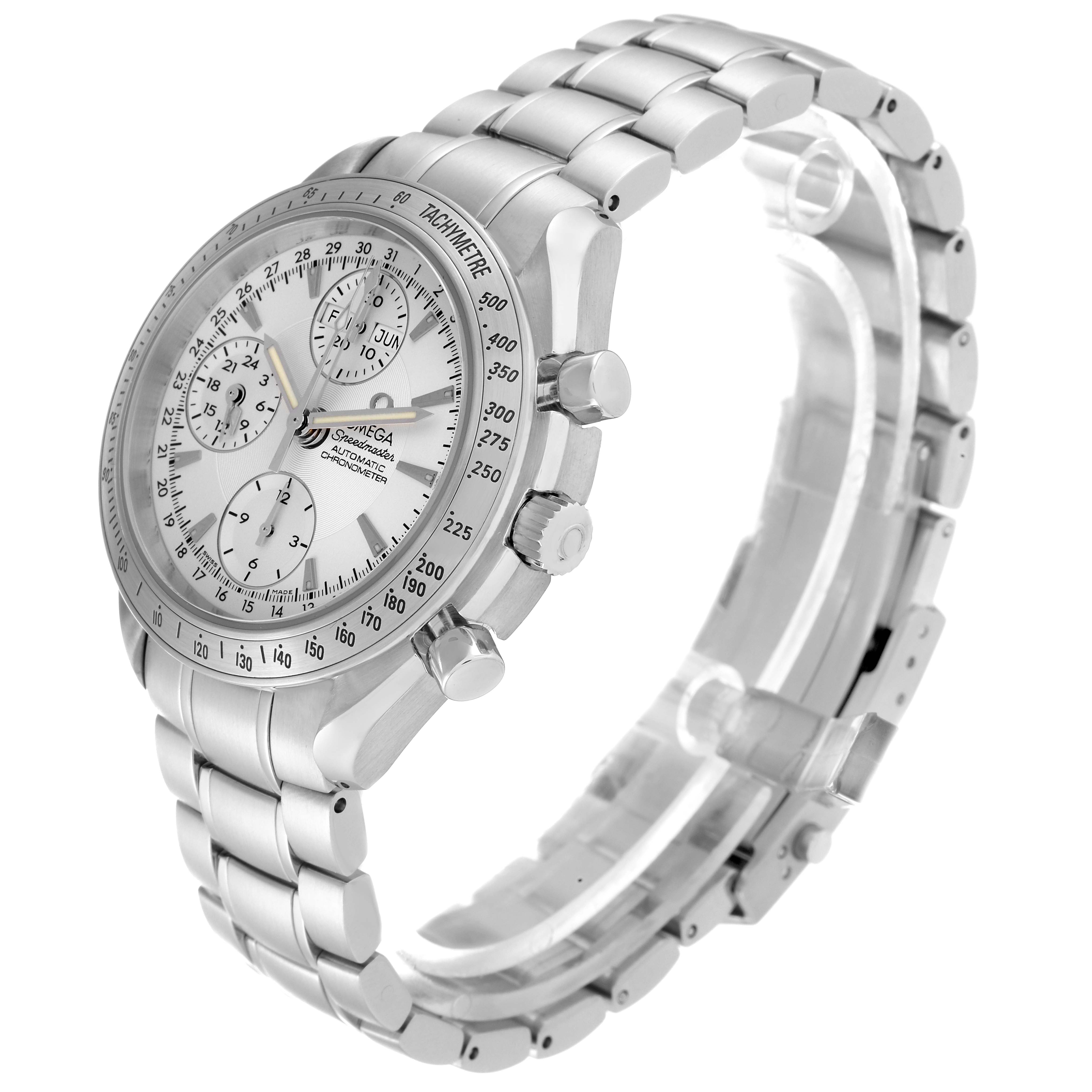 This image shows an Omega Speedmaster 3221.30.00 Men
s Stainless Steel Silver Dial 3221.30.00 Men
s Stainless Steel Silver Dial watch at a three-quarter angle highlighting the dial, bezel, crown, and bracelet.