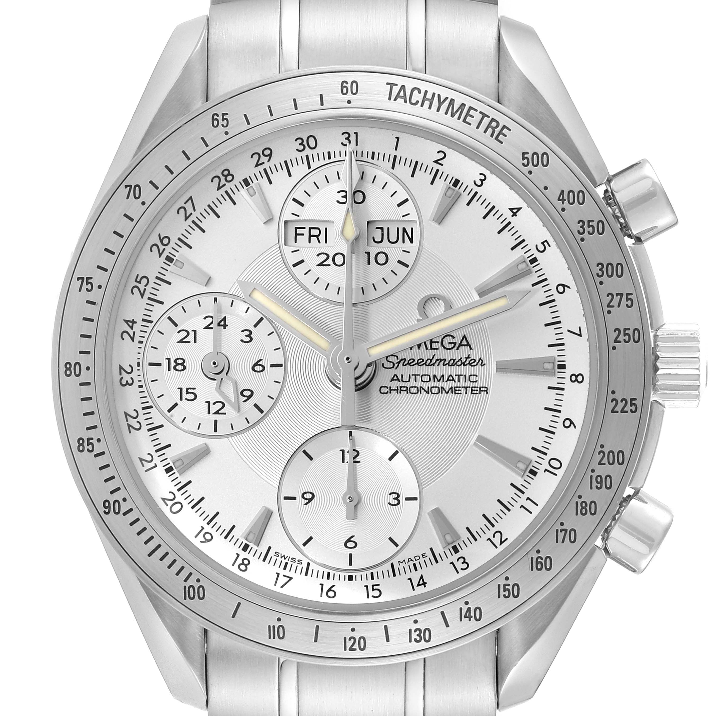 The image shows a front view of the Omega Speedmaster 3221.30.00 Men
s Stainless Steel Silver Dial 3221.30.00 Men
s Stainless Steel Silver Dial watch, highlighting the face, dials, and tachymeter.