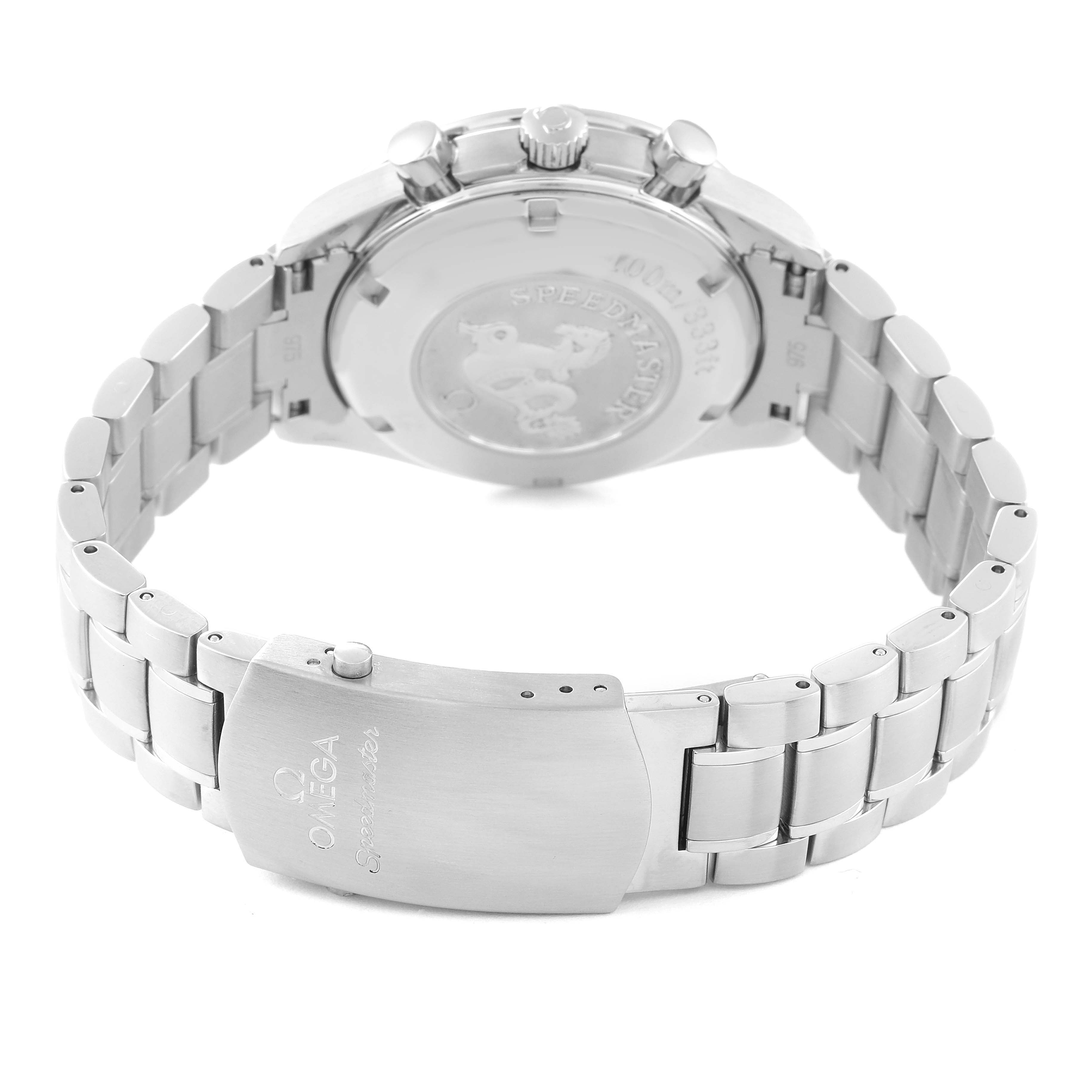 The image shows the back view of the Omega Speedmaster 3221.30.00 Men
s Stainless Steel Silver Dial 3221.30.00 Men
s Stainless Steel Silver Dial watch, highlighting the case back, clasp, and bracelet.