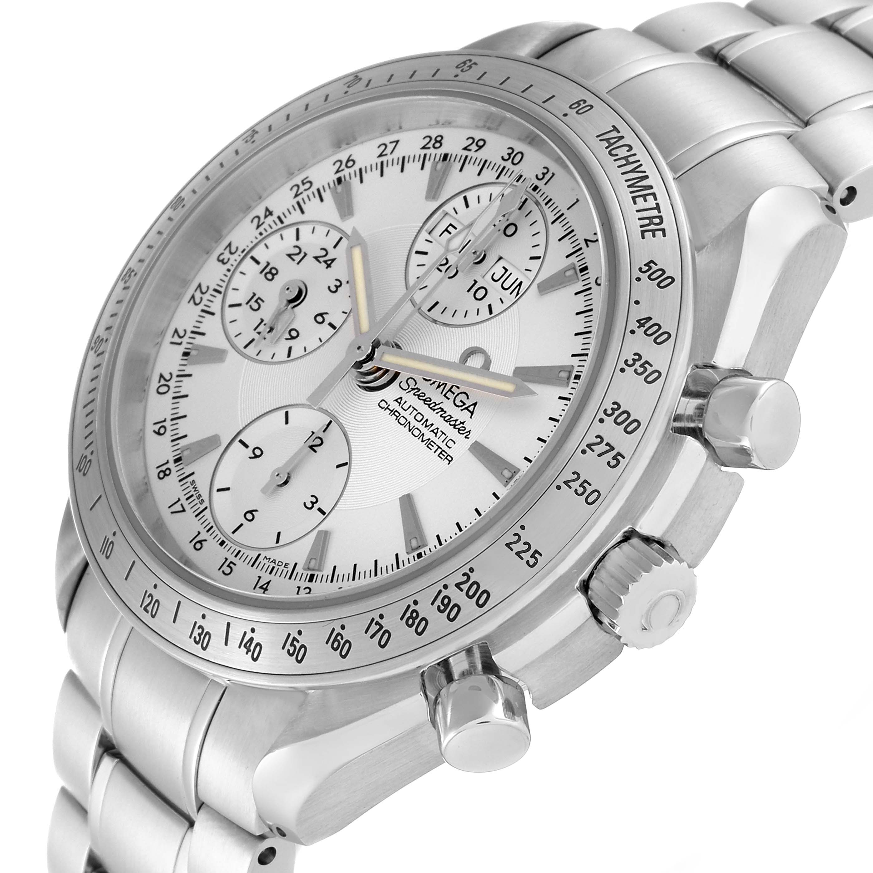 The image shows an angled view of the dial, bezel, and pushers of an Omega Speedmaster 3221.30.00 Men
s Stainless Steel Silver Dial 3221.30.00 Men
s Stainless Steel Silver Dial watch.