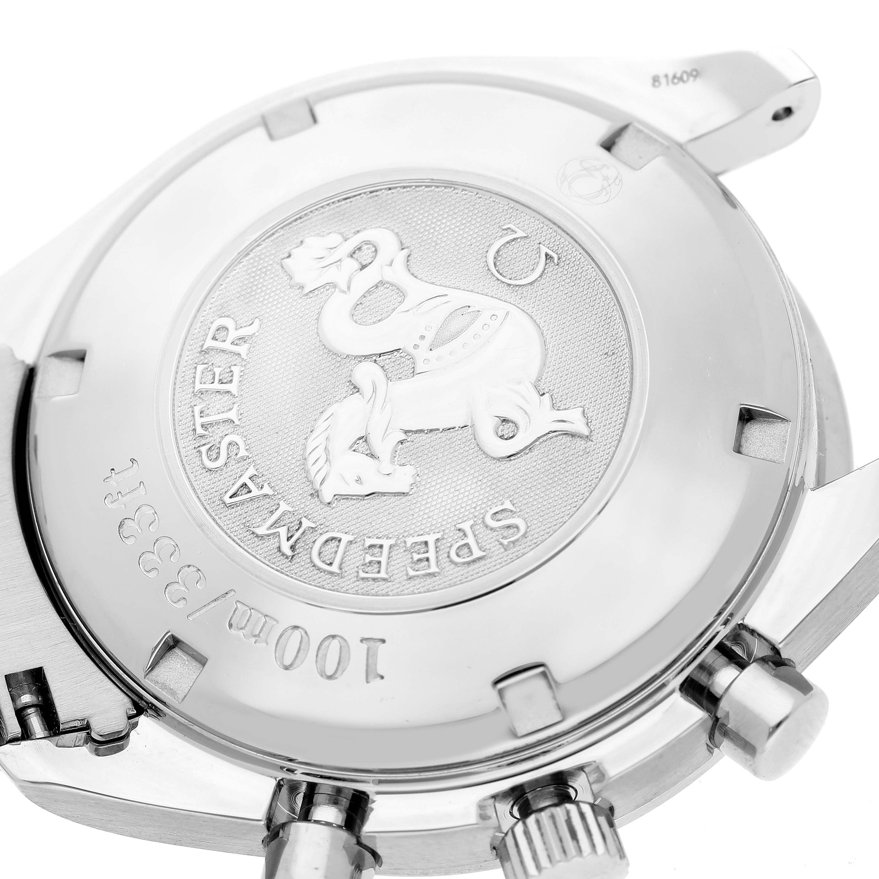 The image shows the case back of an Omega Speedmaster 3221.30.00 Men
s Stainless Steel Silver Dial 3221.30.00 Men
s Stainless Steel Silver Dial watch, displaying its emblem and model details.