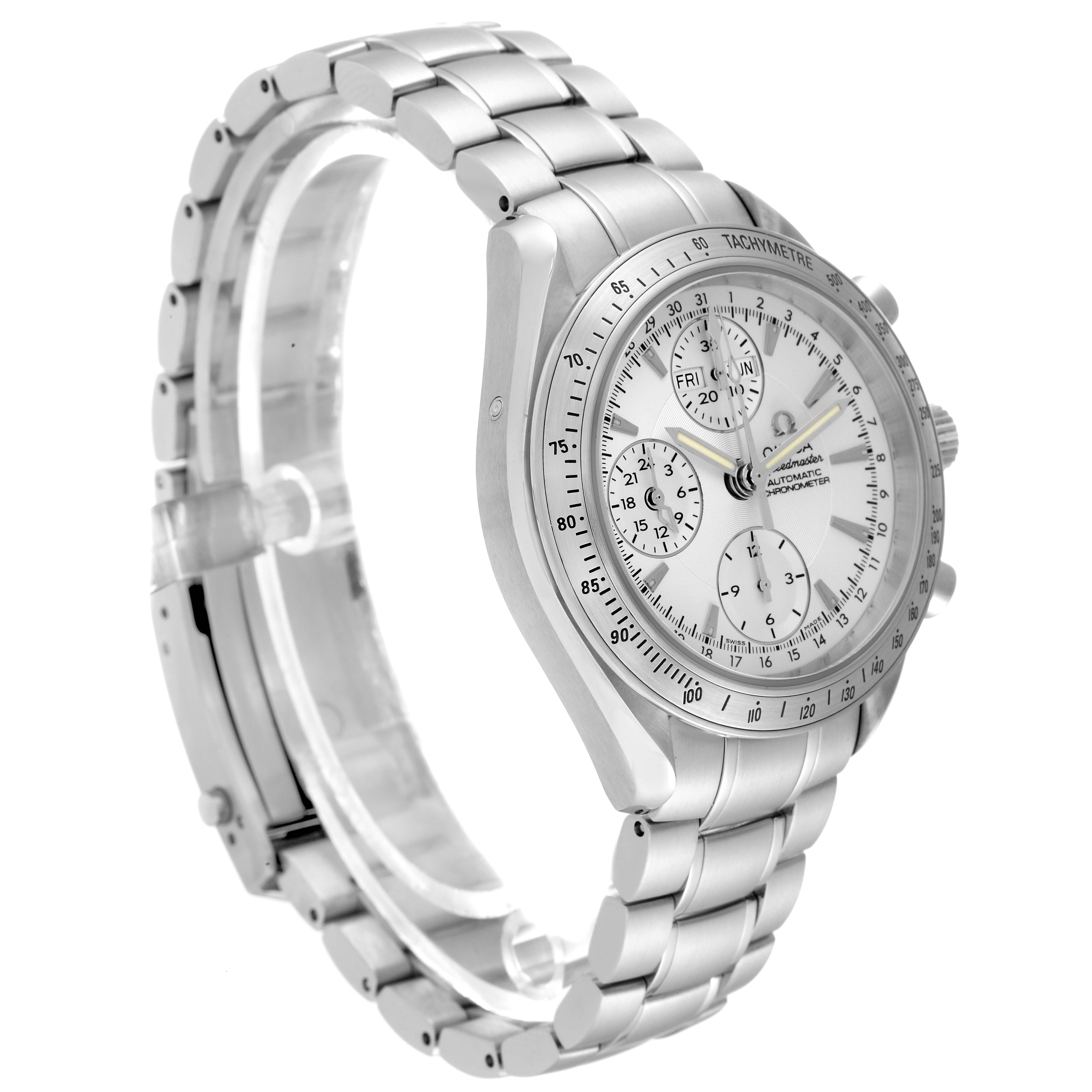 The image shows an angled side view of the Omega Speedmaster 3221.30.00 Men
s Stainless Steel Silver Dial 3221.30.00 Men
s Stainless Steel Silver Dial watch, highlighting its face, bezel, and metal bracelet.