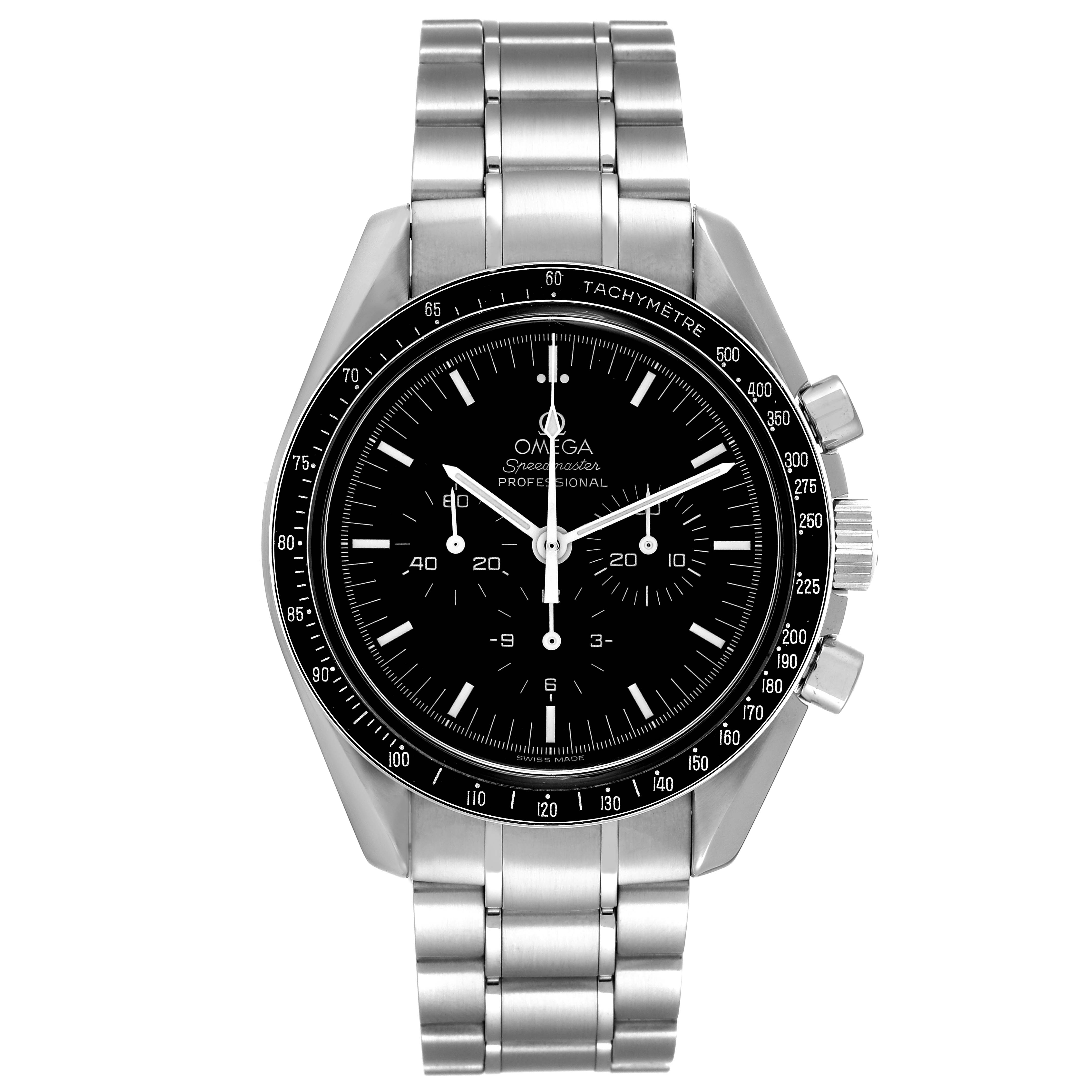The image shows a frontal view of the Omega Speedmaster 3570.50.00 Men's Stainless Steel Black Dial 3570.50.00 Men's Stainless Steel Black Dial watch, highlighting its dial, hands, and stainless steel bracelet.