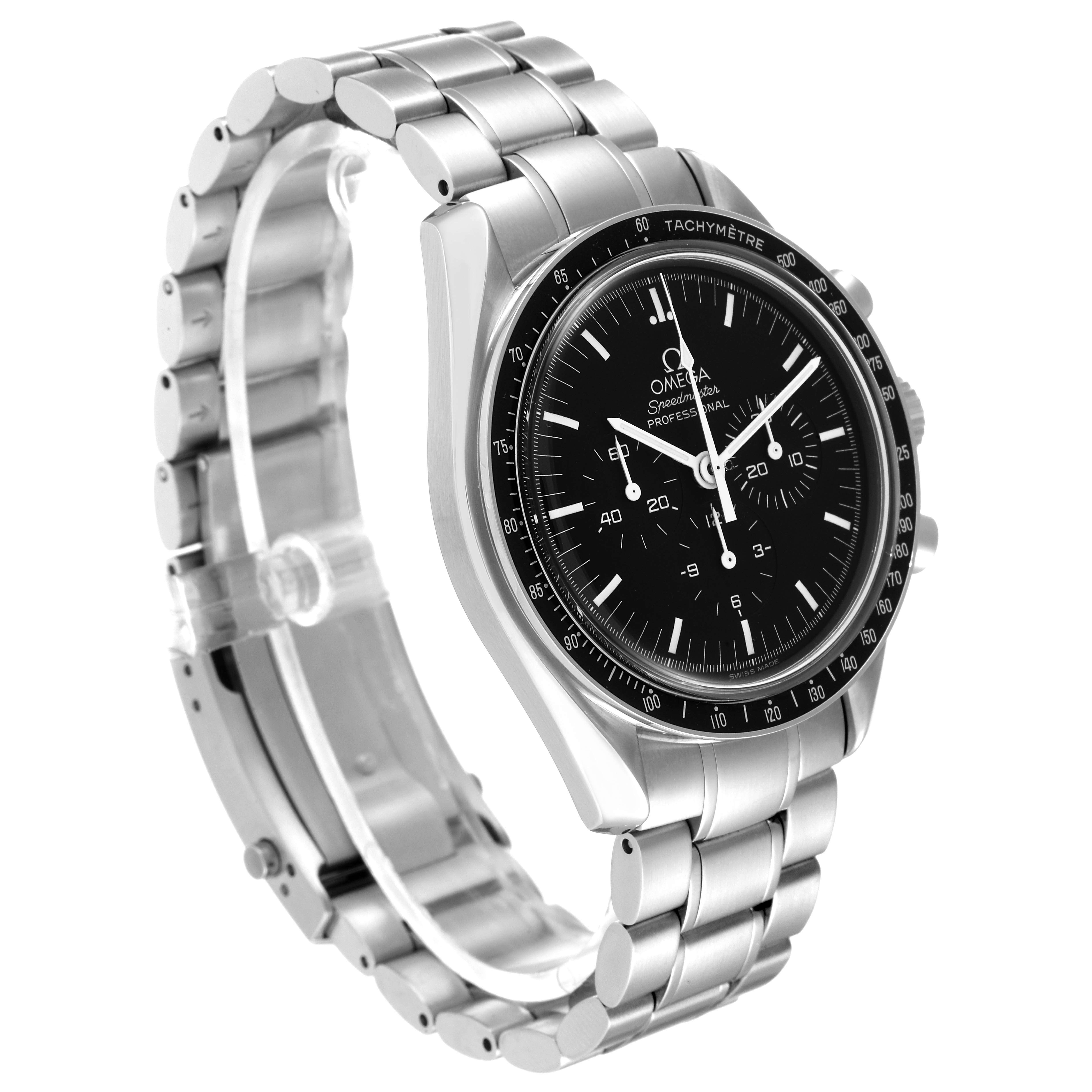 The image shows a front angled view of the Omega Speedmaster 3570.50.00 Men's Stainless Steel Black Dial 3570.50.00 Men's Stainless Steel Black Dial, highlighting its stainless steel band and black dial face.