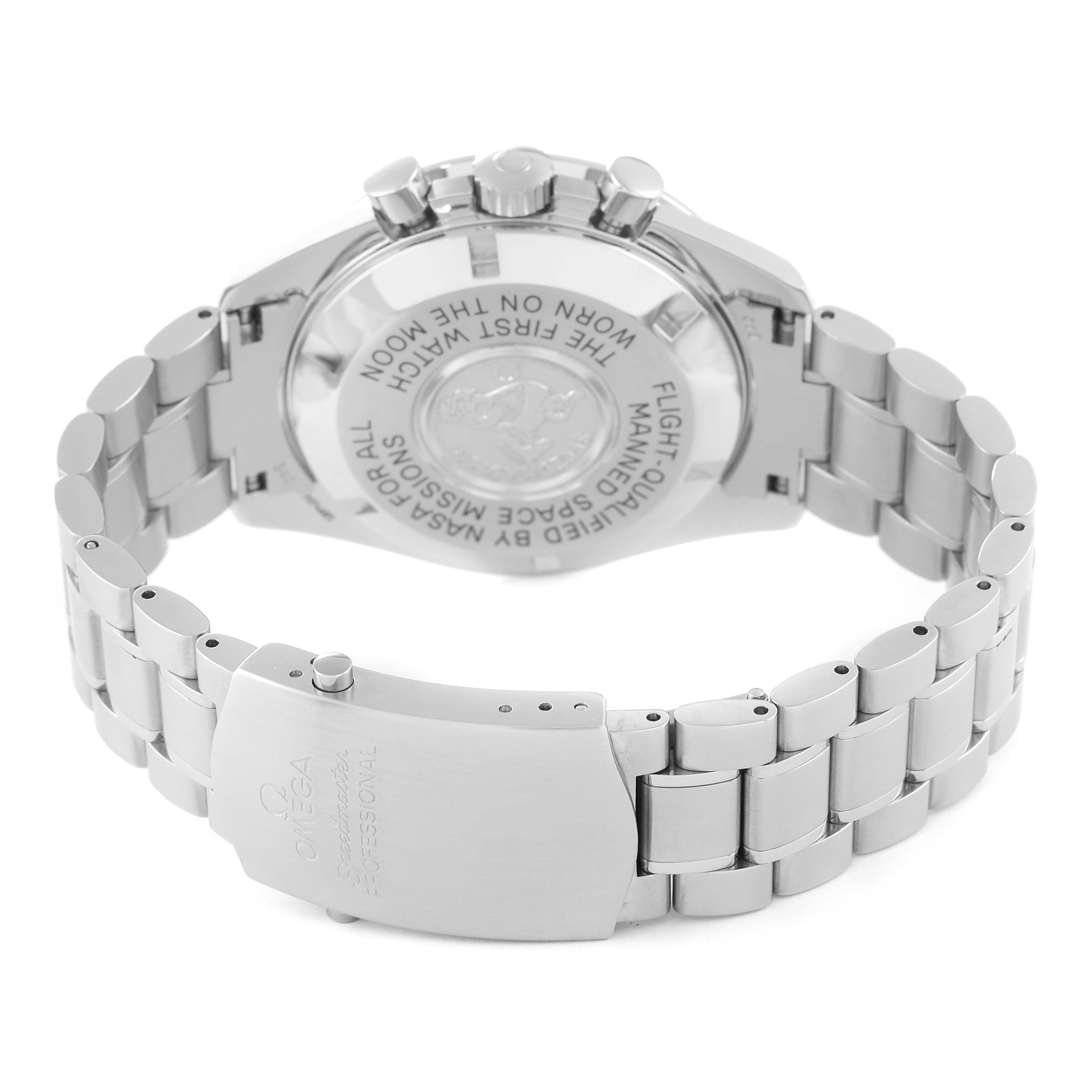 The image shows the back view of an Omega Speedmaster 3570.50.00 Men's Stainless Steel Black Dial 3570.50.00 Men's Stainless Steel Black Dial watch, highlighting the clasp, bracelet, and engraved caseback.