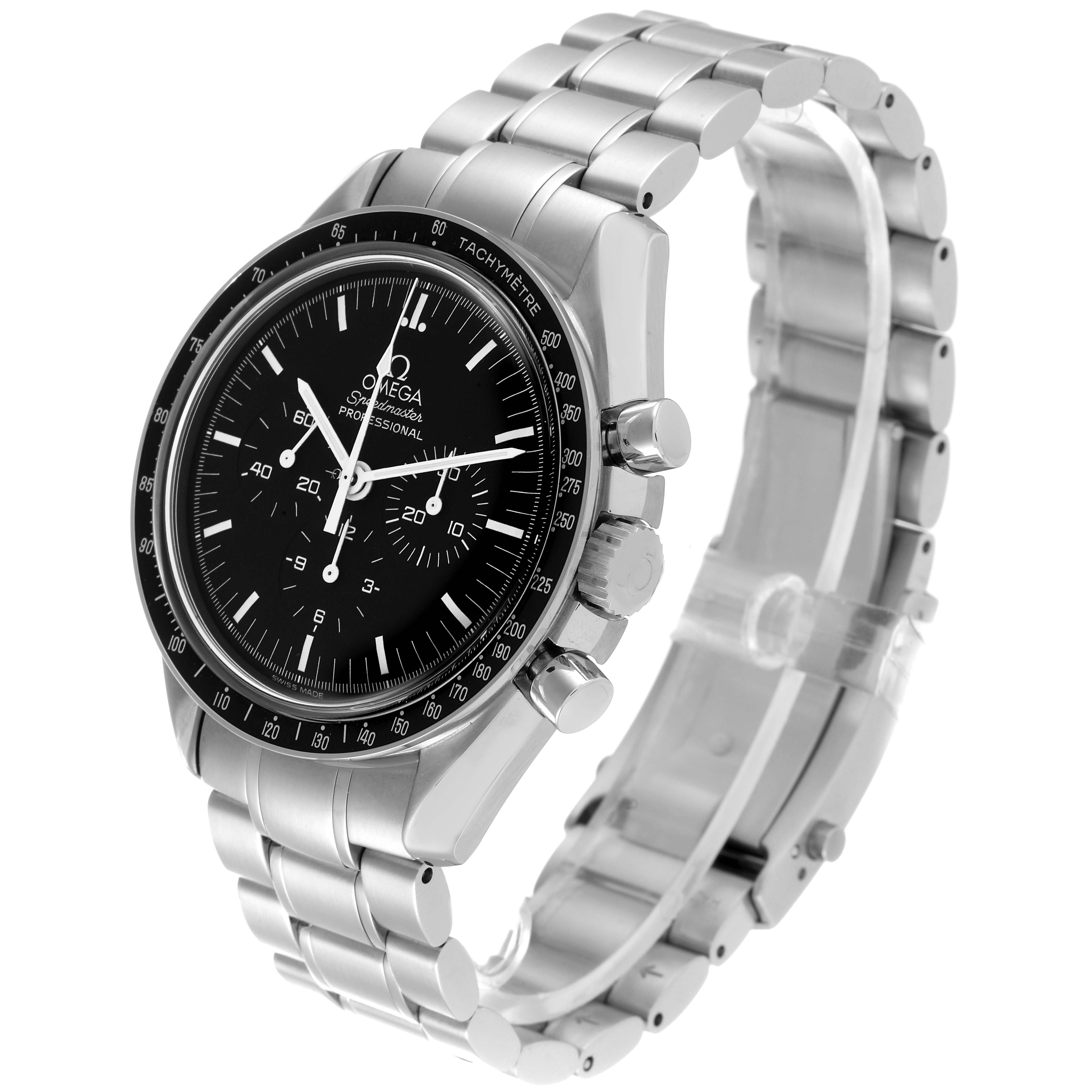 The Omega Speedmaster 3570.50.00 Men's Stainless Steel Black Dial 3570.50.00 Men's Stainless Steel Black Dial watch is shown at a slight angle, highlighting its black dial, tachymeter bezel, and stainless steel bracelet.