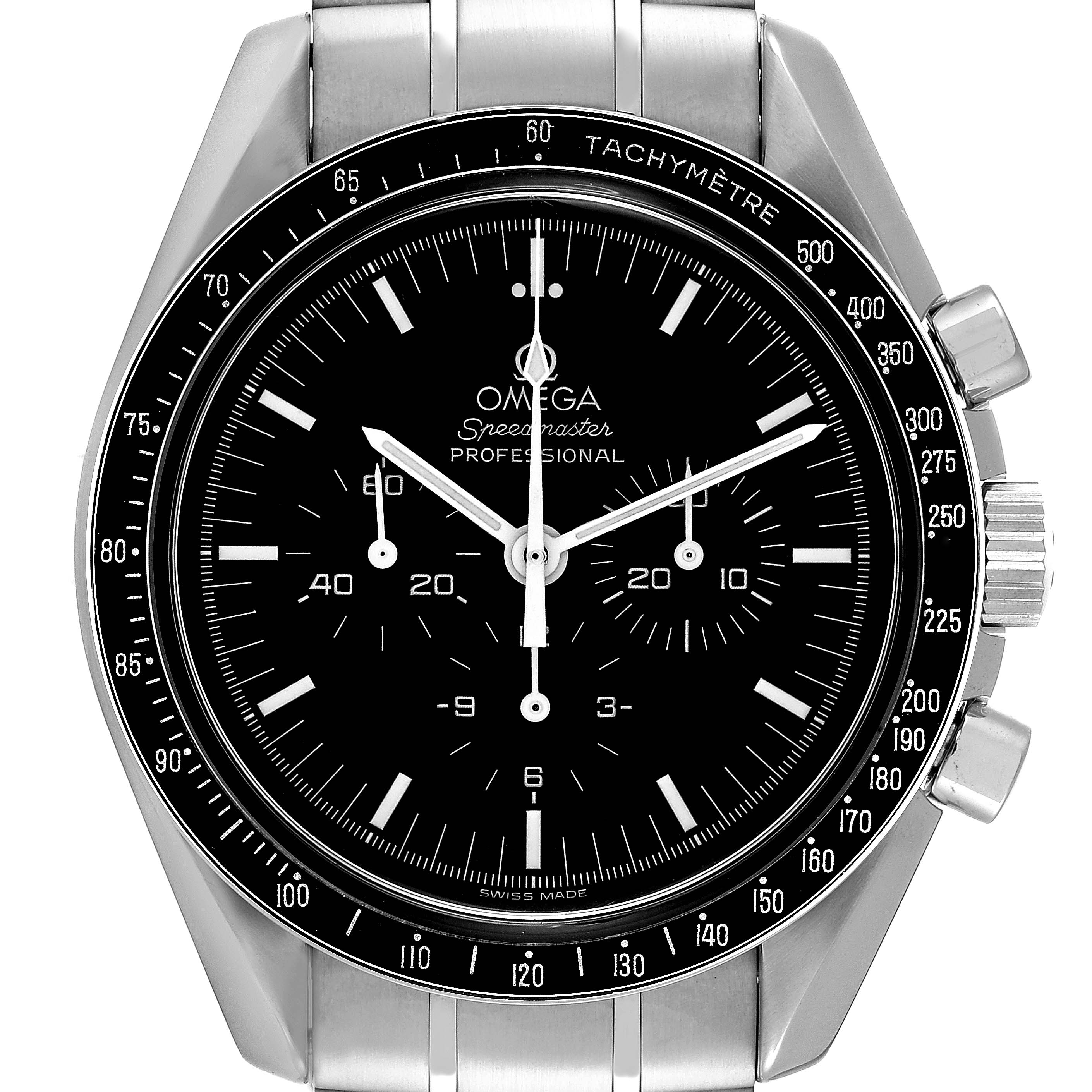 This image shows the front view of the Omega Speedmaster 3570.50.00 Men's Stainless Steel Black Dial 3570.50.00 Men's Stainless Steel Black Dial watch, detailing its face, chronograph dials, tachymeter bezel, and bracelet.