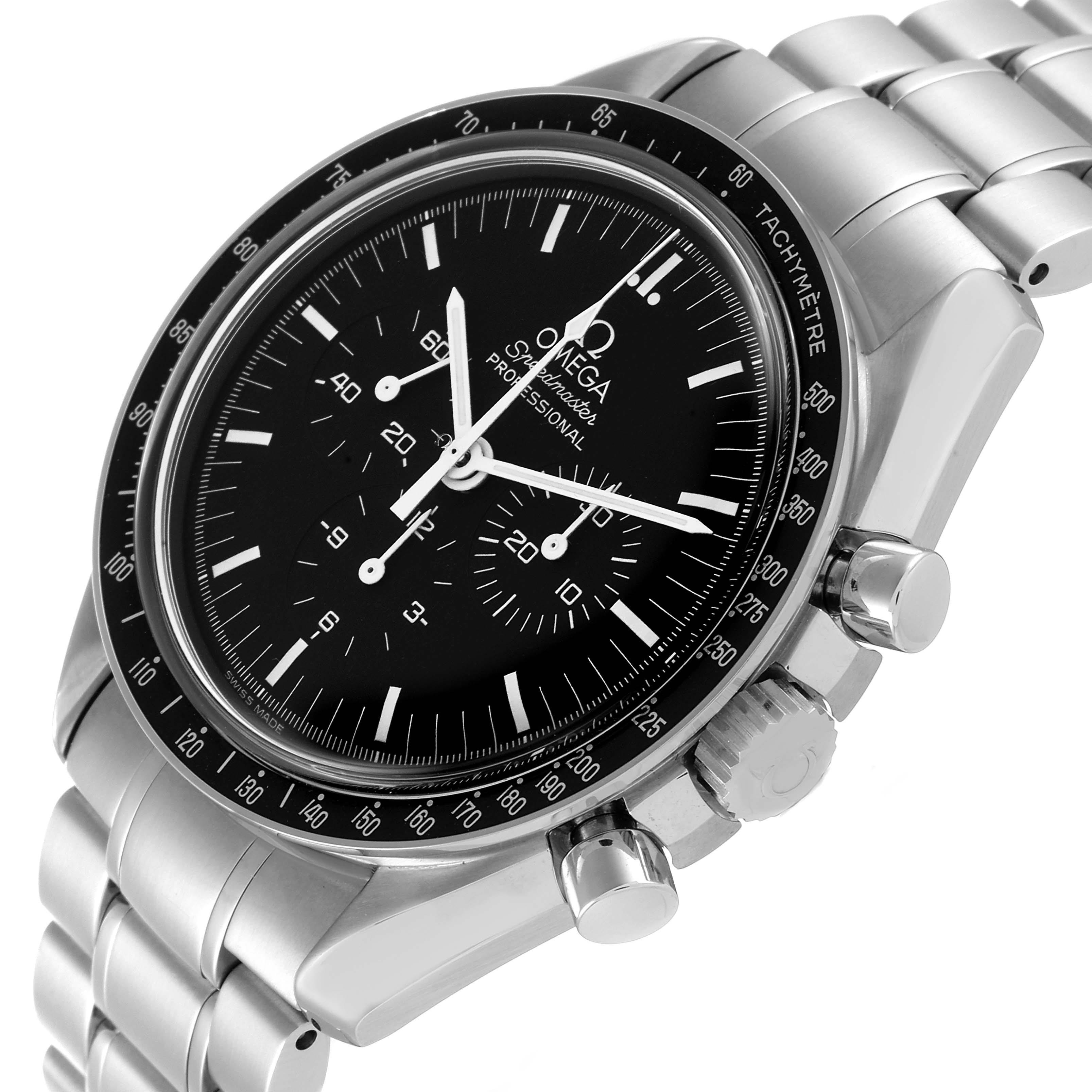 The image shows a side view of the Omega Speedmaster 3570.50.00 Men's Stainless Steel Black Dial 3570.50.00 Men's Stainless Steel Black Dial watch, highlighting its black dial, bezel, chronograph buttons, and stainless steel bracelet.