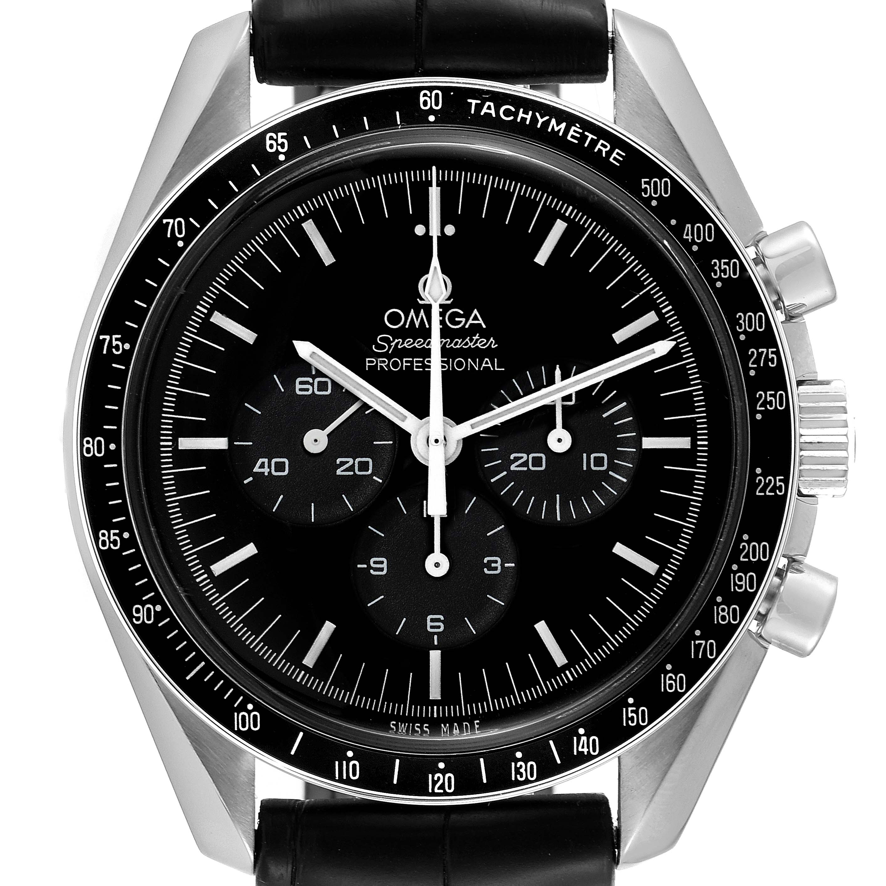 Close-up of the Omega Speedmaster 311.33.42.30.01.001 Men
s Stainless Steel Black Dial 311.33.42.30.01.001 Men
s Stainless Steel Black Dial
s face, showing the tachymeter bezel, three subdials, and black leather strap.