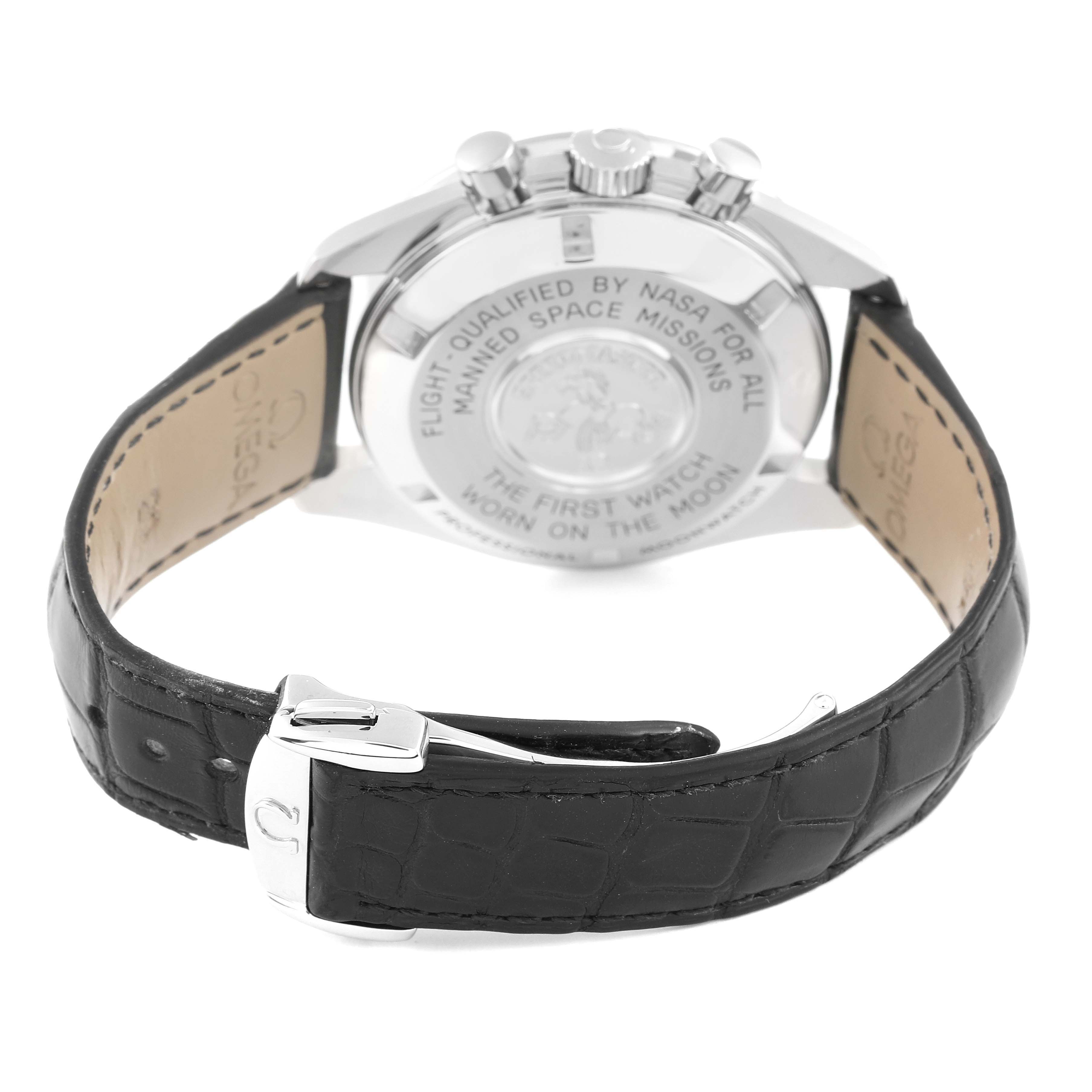 This image shows the back case and strap of an Omega Speedmaster 311.33.42.30.01.001 Men
s Stainless Steel Black Dial 311.33.42.30.01.001 Men
s Stainless Steel Black Dial watch from a rear angle.