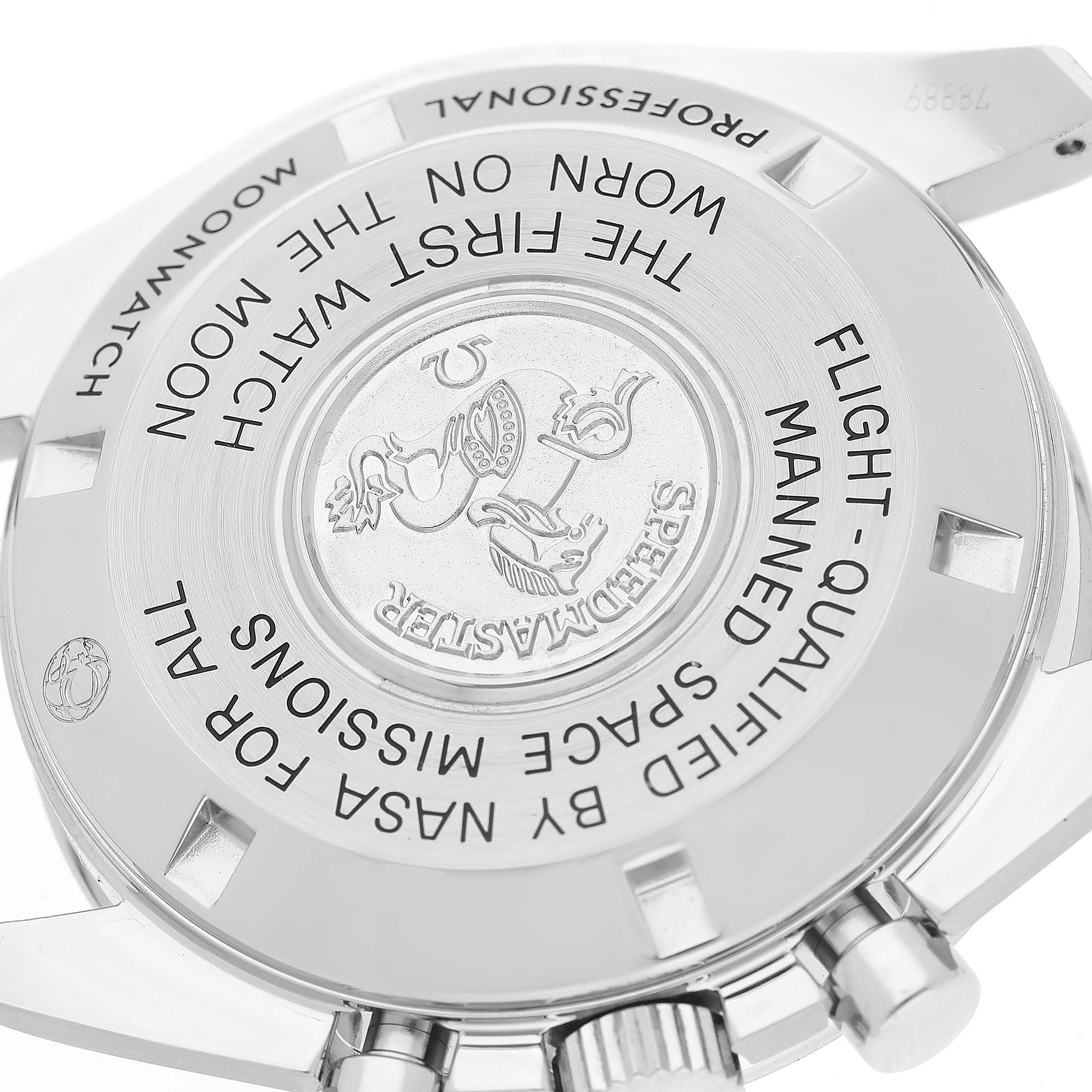 This image shows the case back of an Omega Speedmaster 311.33.42.30.01.001 Men
s Stainless Steel Black Dial 311.33.42.30.01.001 Men
s Stainless Steel Black Dial watch, highlighting its engravings and crown.