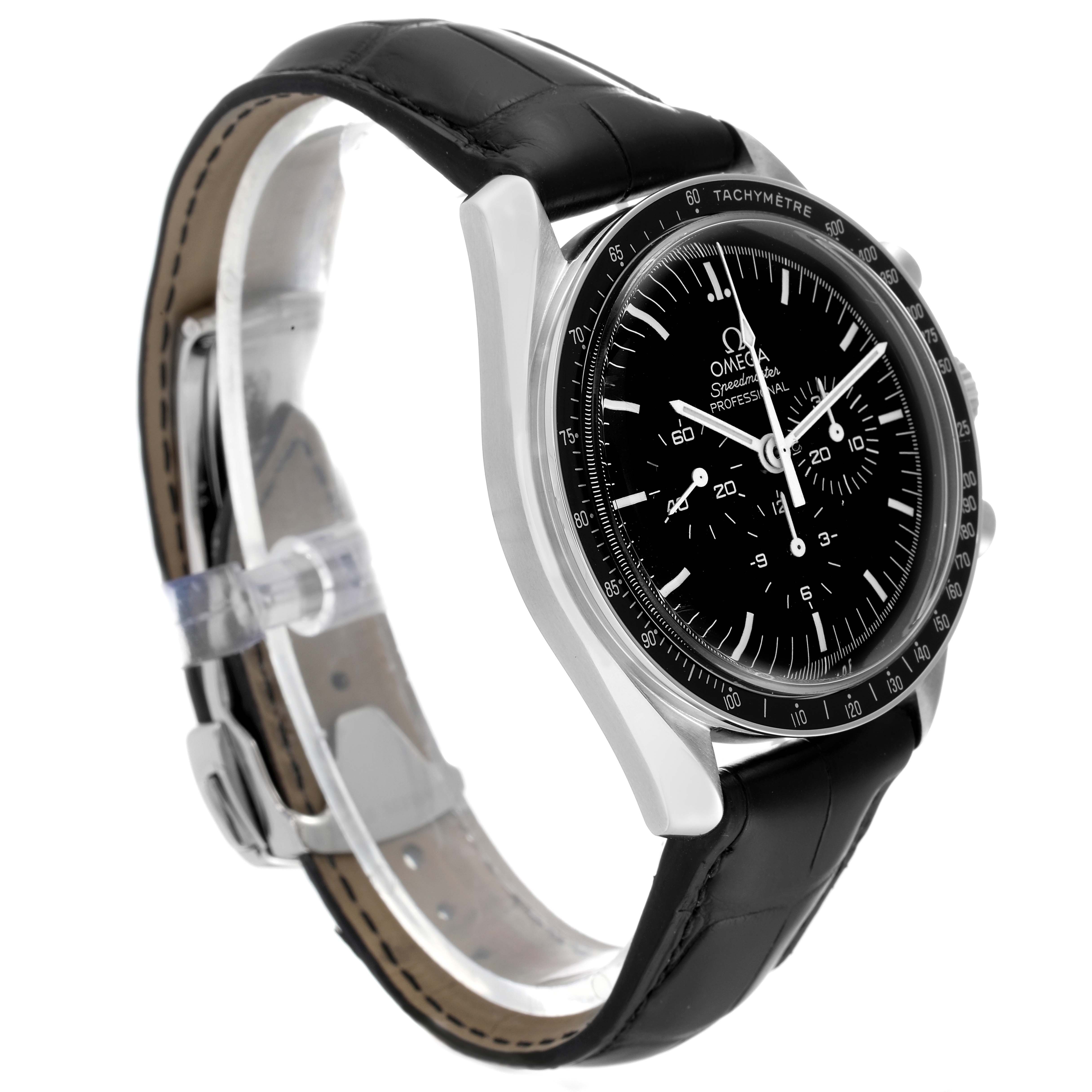 The Omega Speedmaster 311.33.42.30.01.001 Men
s Stainless Steel Black Dial 311.33.42.30.01.001 Men
s Stainless Steel Black Dial watch is shown at a three-quarter angle, highlighting the dial, bezel, and leather strap.