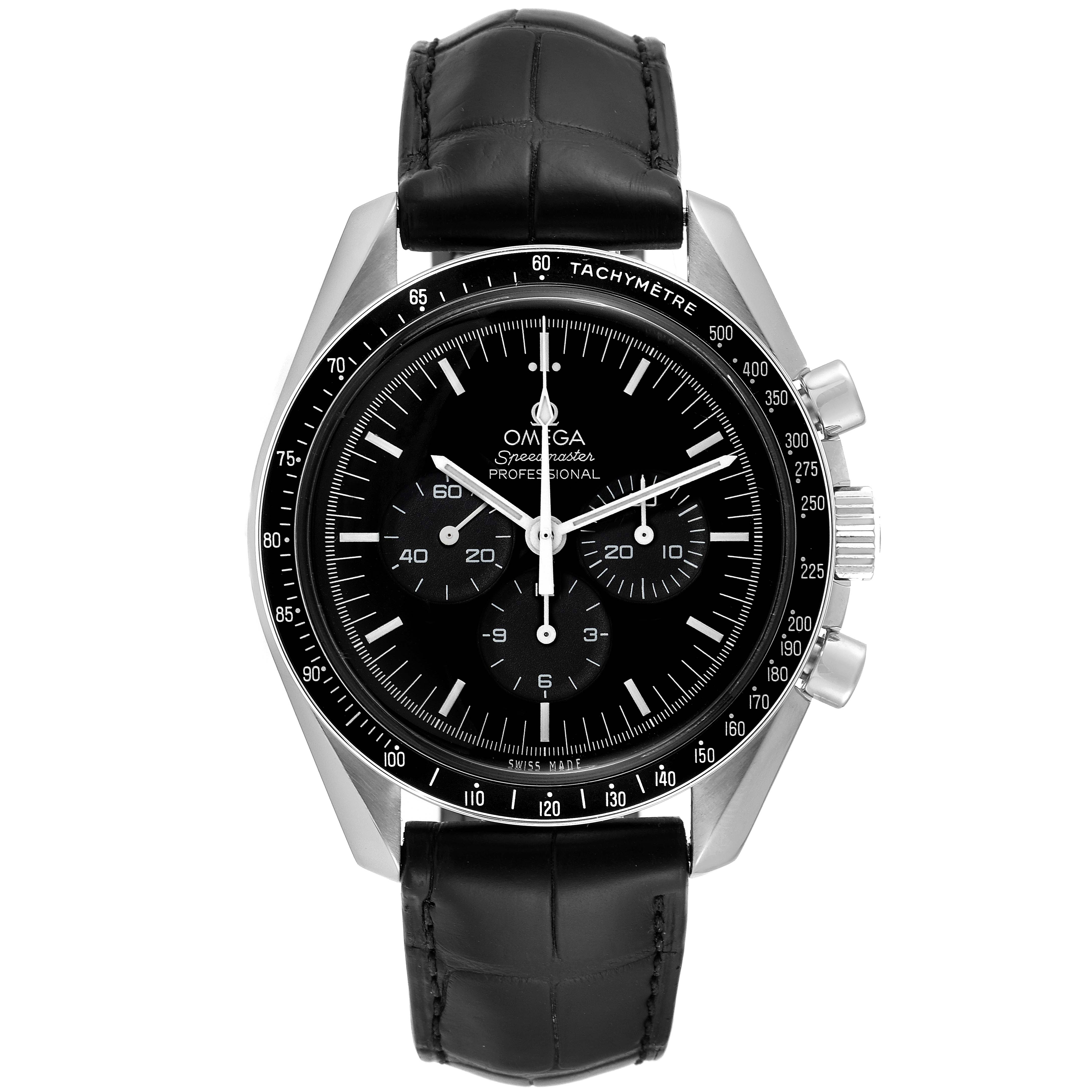 The image shows a frontal view of an Omega Speedmaster 311.33.42.30.01.001 Men
s Stainless Steel Black Dial 311.33.42.30.01.001 Men
s Stainless Steel Black Dial watch with a black leather strap and a black dial.