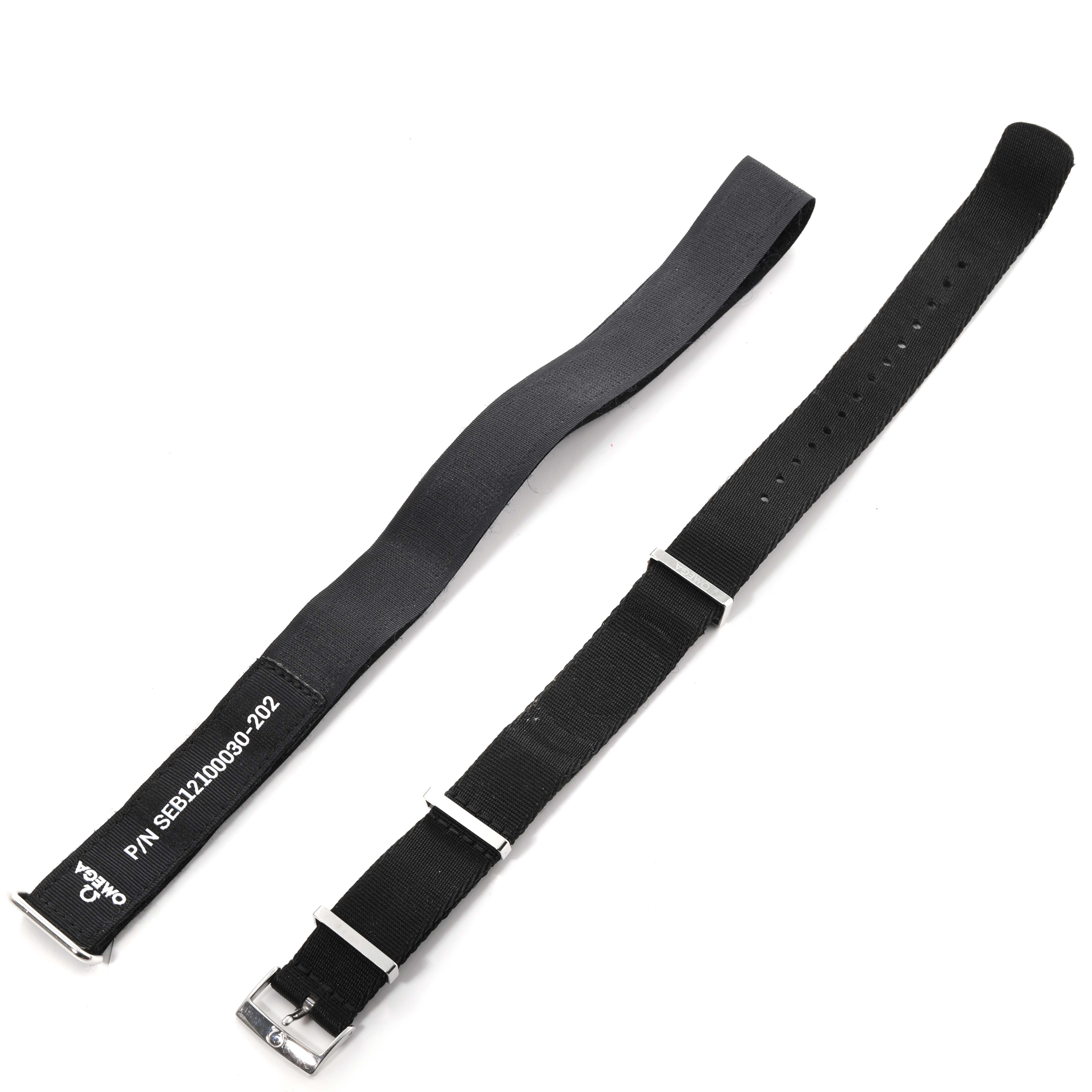 The image shows two black straps for the Omega Speedmaster 311.33.42.30.01.001 Men
s Stainless Steel Black Dial 311.33.42.30.01.001 Men
s Stainless Steel Black Dial, laid flat with a buckle and "P/N SEB12100030-2021" visible.