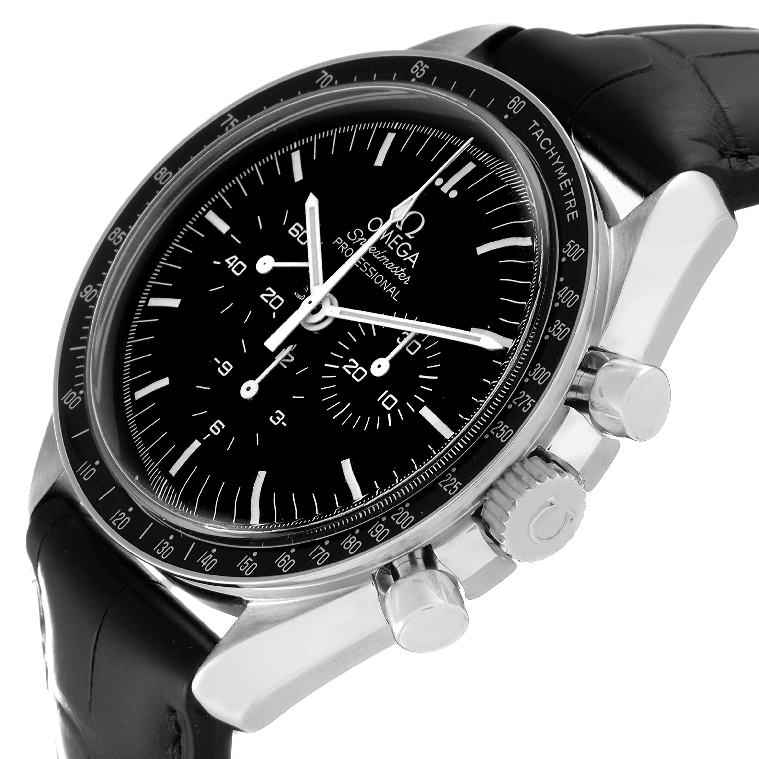 The Omega Speedmaster 311.33.42.30.01.001 Men
s Stainless Steel Black Dial 311.33.42.30.01.001 Men
s Stainless Steel Black Dial watch is shown from an angled close-up, featuring its dial, bezel, and pushers.