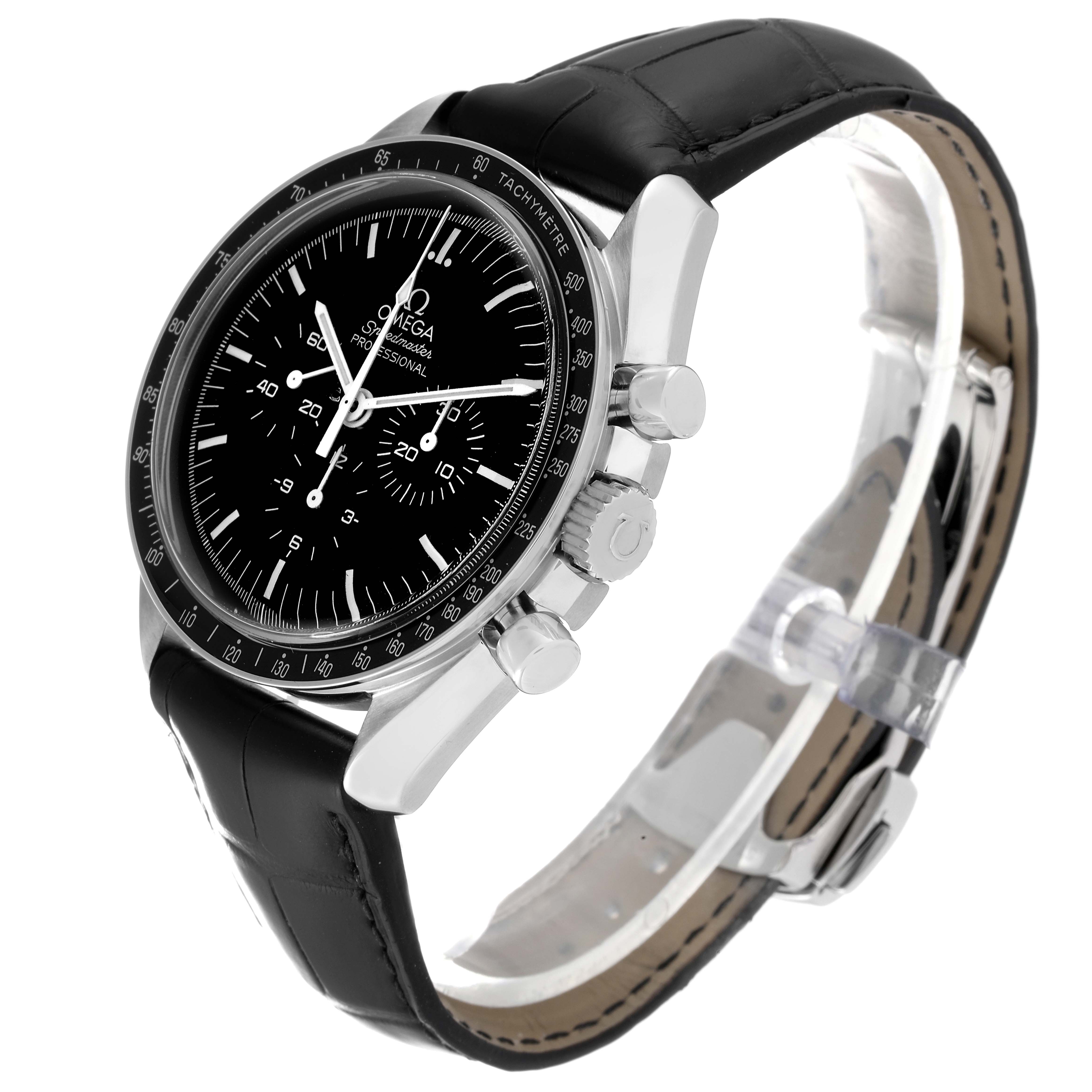 The Omega Speedmaster 311.33.42.30.01.001 Men
s Stainless Steel Black Dial 311.33.42.30.01.001 Men
s Stainless Steel Black Dial watch is shown at a three-quarter angle, displaying the face, side buttons, and part of the leather strap.